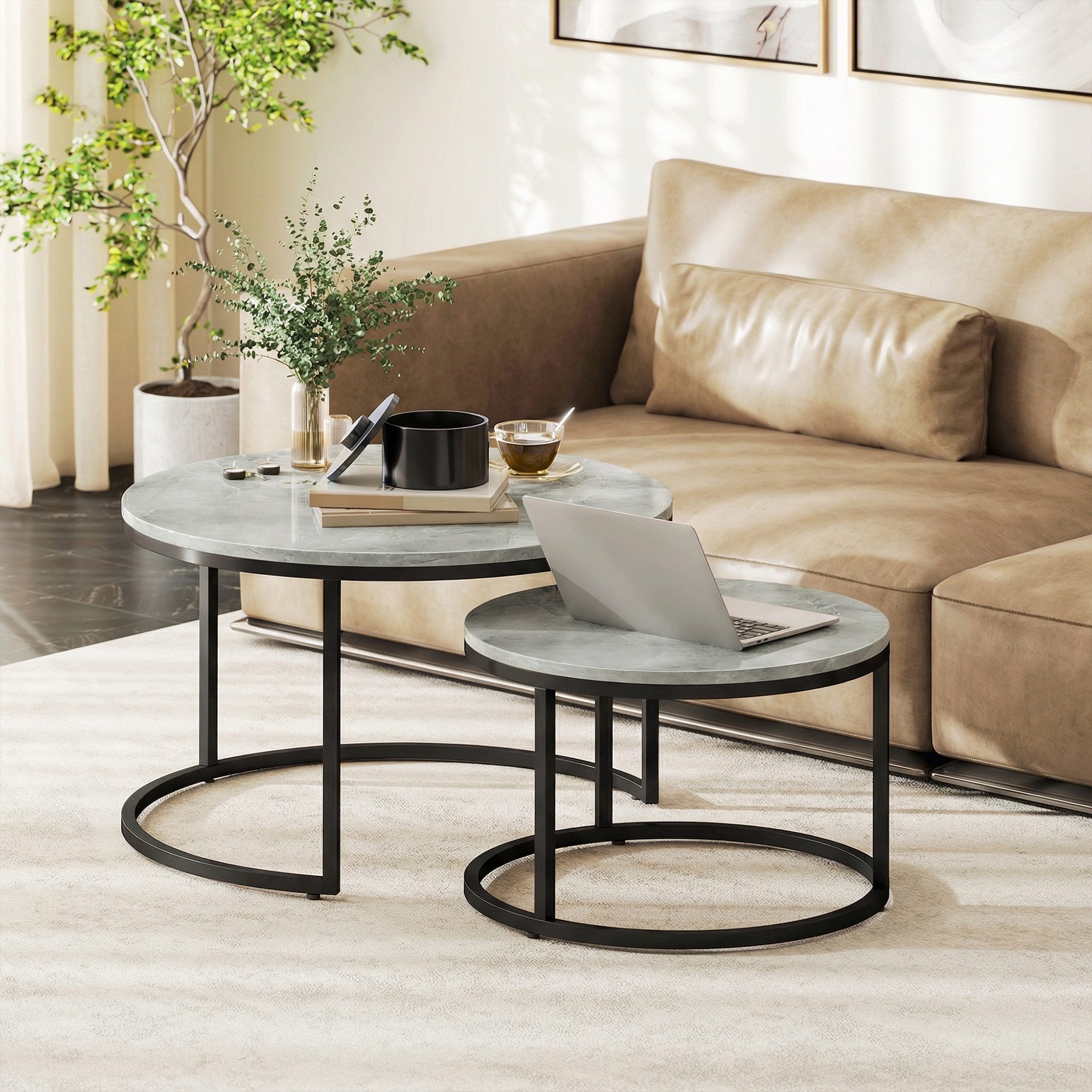 HOMCOM Couchtisch runder stapelbarer Beistelltisch, Kaffeetisch mit Zementoptik (Satztisch, 2-St., Wohnzimmertisch), 78,5 x 78,5 x 46,5 cm, Grau