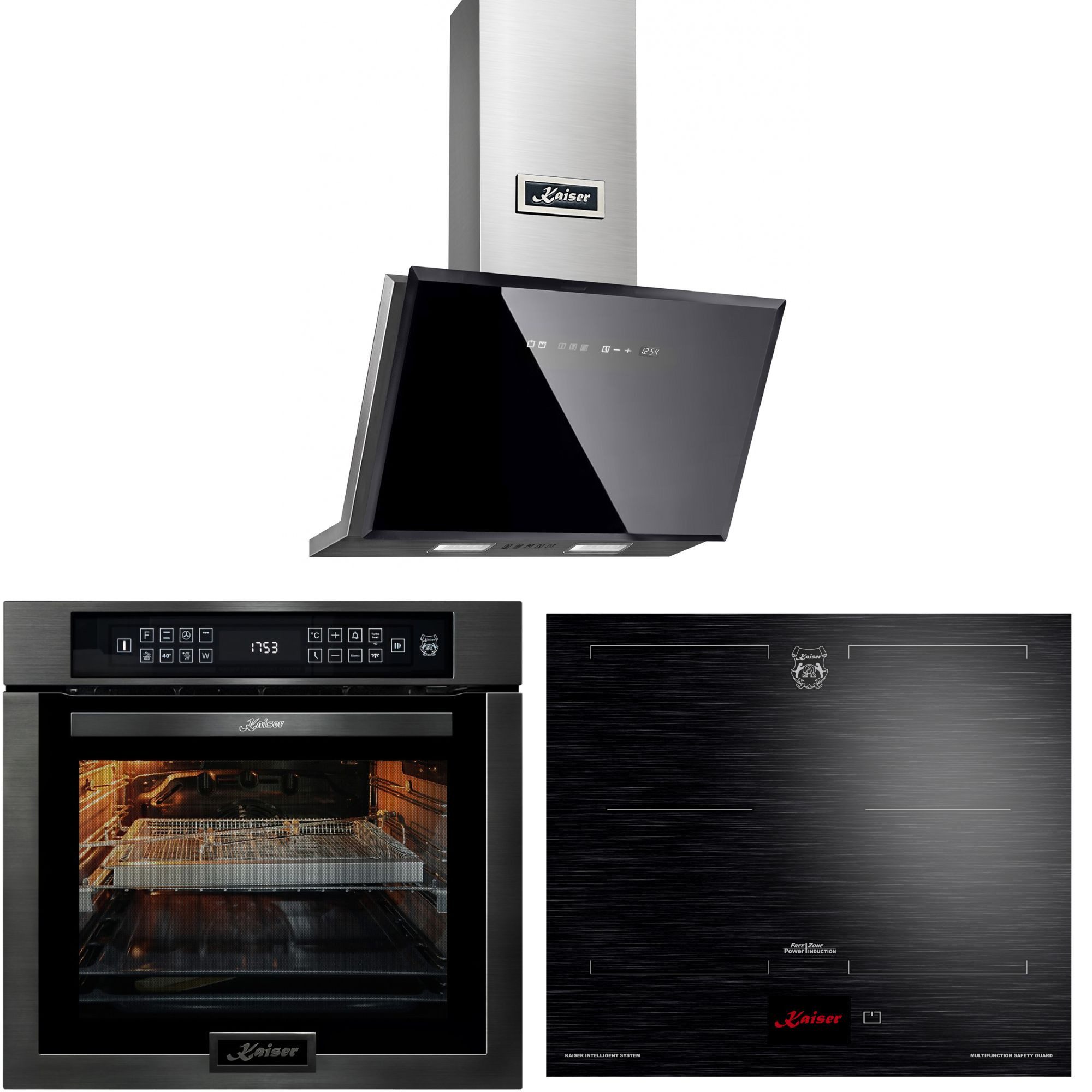 Kaiser Küchengeräte Backofen-Set Herd Set Autark Einbau Backofen 86L Temperatursonde – Bratautomatik 15 Fkt. Grill Air fryer Full Touch 60 cm mit Induktionskochfeld 60 cm FREE ZONE mit 2 FLEX Induktions-Zonen TFT Display+Dunstabzugshaube 60 cm EH 6306 N RS+KCT 6140 FI+AT 6430 F ECO, mit 1-fach-Teleskopauszug, Einbau Backofen 86L+Induktionskochfeld 60 cm+Dunstabzugshaube 60 cm