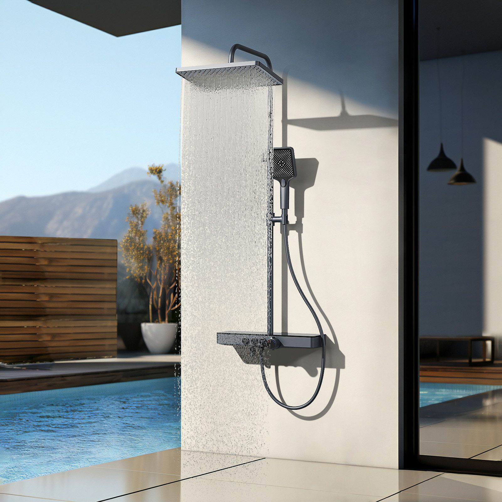 EMKE Duschsystem mit Thermostat Regendusche und Handbrause 3 Strahlarten mit Armatur, Höhe 85 cm, 3 Strahlart(en), 3 Strahlart, Wasserauslass Verbrühungsschutz, Duschamaturenset, Chrom