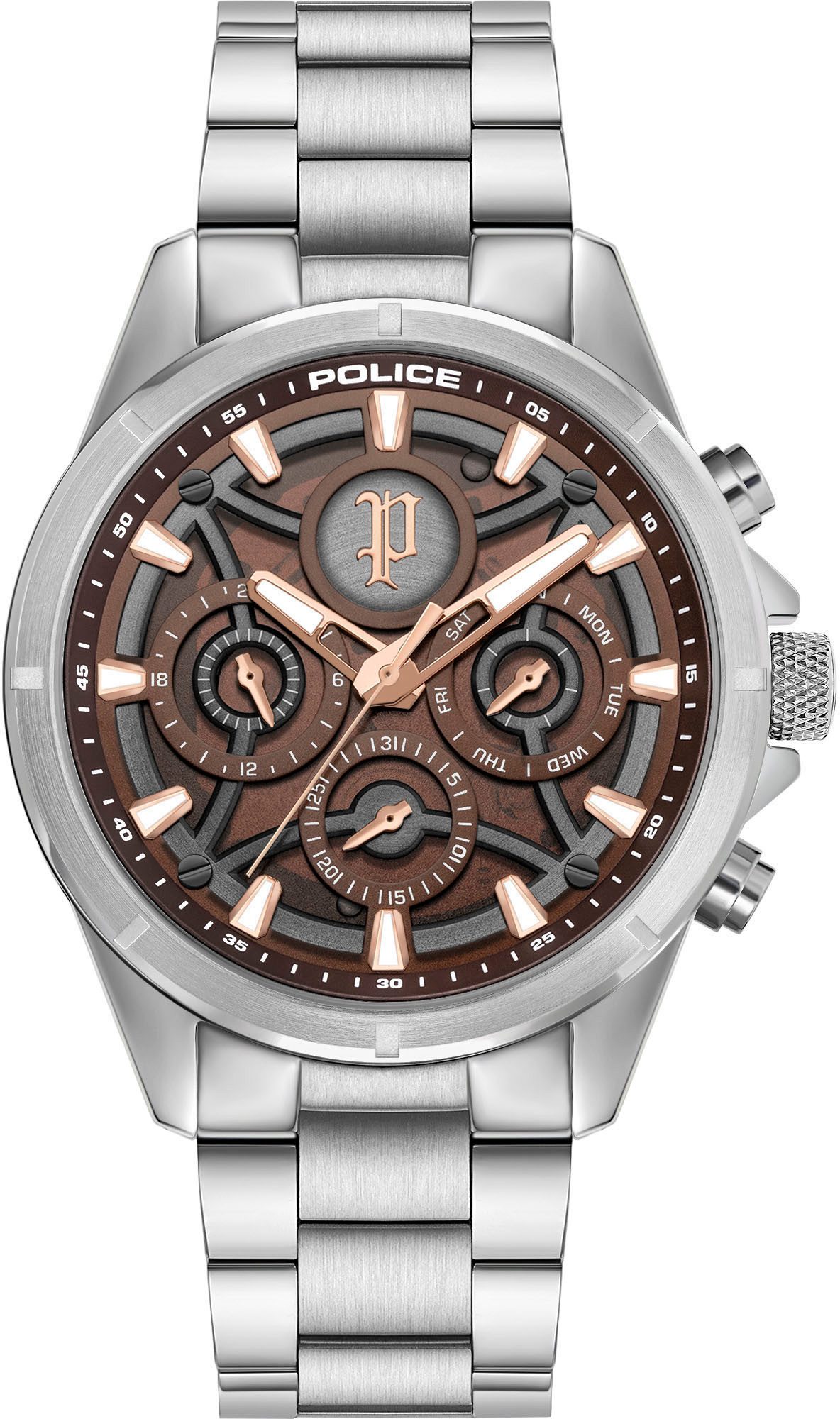 Police Multifunktionsuhr DEFENDER PEWJK2227812, Quarzuhr, Armbanduhr, Herrenuhr, Edelstahlarmband, analog