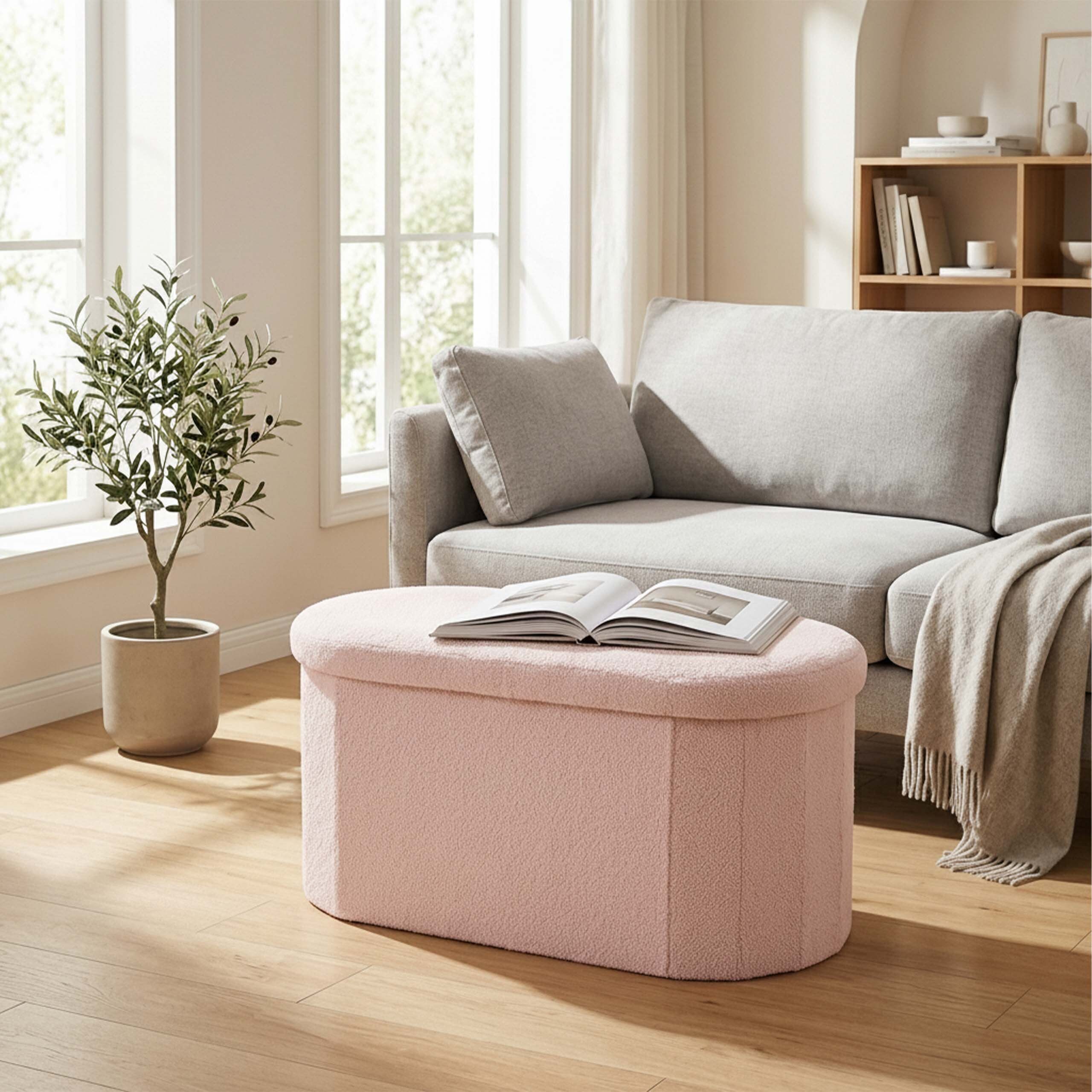 relaxdays Sitztruhe Sitzbank aus Teddystoff (1-St), Rosa – Bild 3 von 5