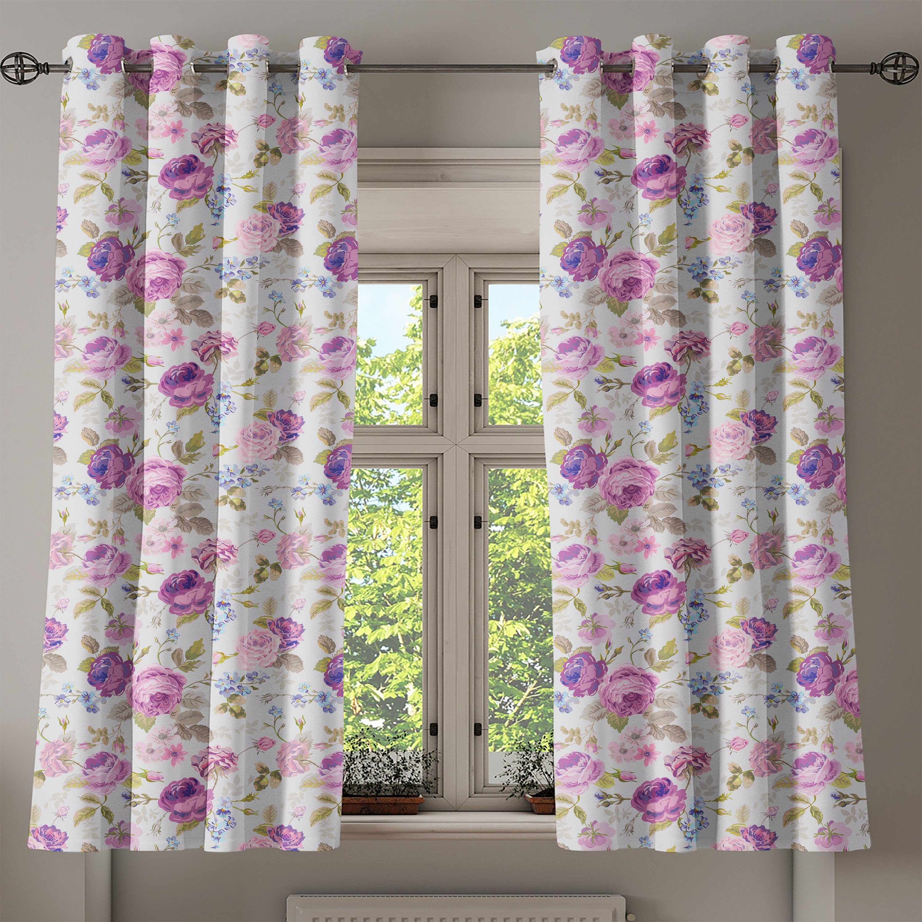 für Wohnzimmer, Blätter Schlafzimmer Blumen 2-Panel-Fenstervorhänge Gardine Abakuhaus, Dekorative Pastelltöne