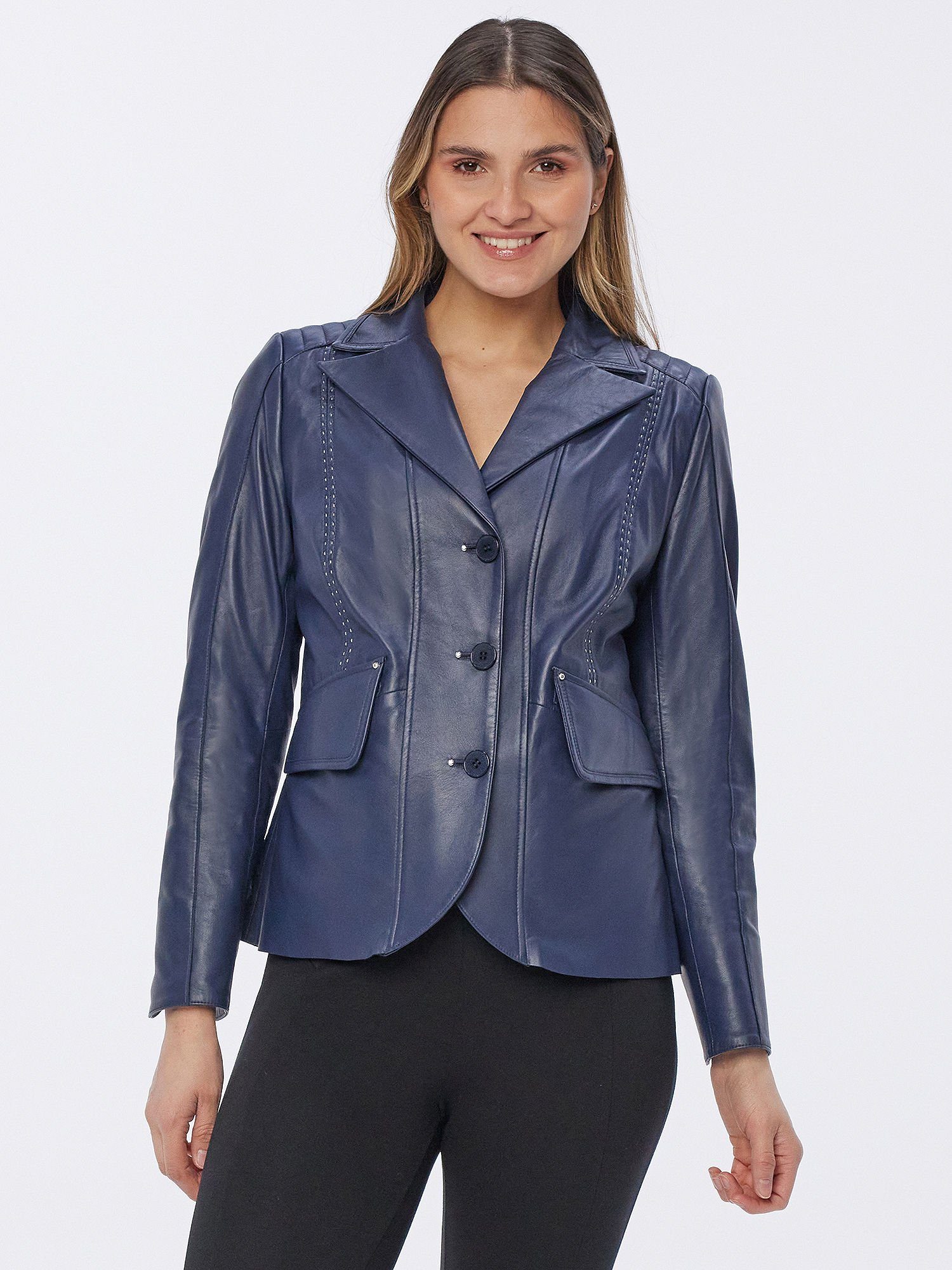 Georg Stiels Куртки блейзер Lederblazer aus weichem Lammnappa (1er Set, 1 Stück) mit Kontraststeppung - eleganter Damenblazer in Dunkelblau