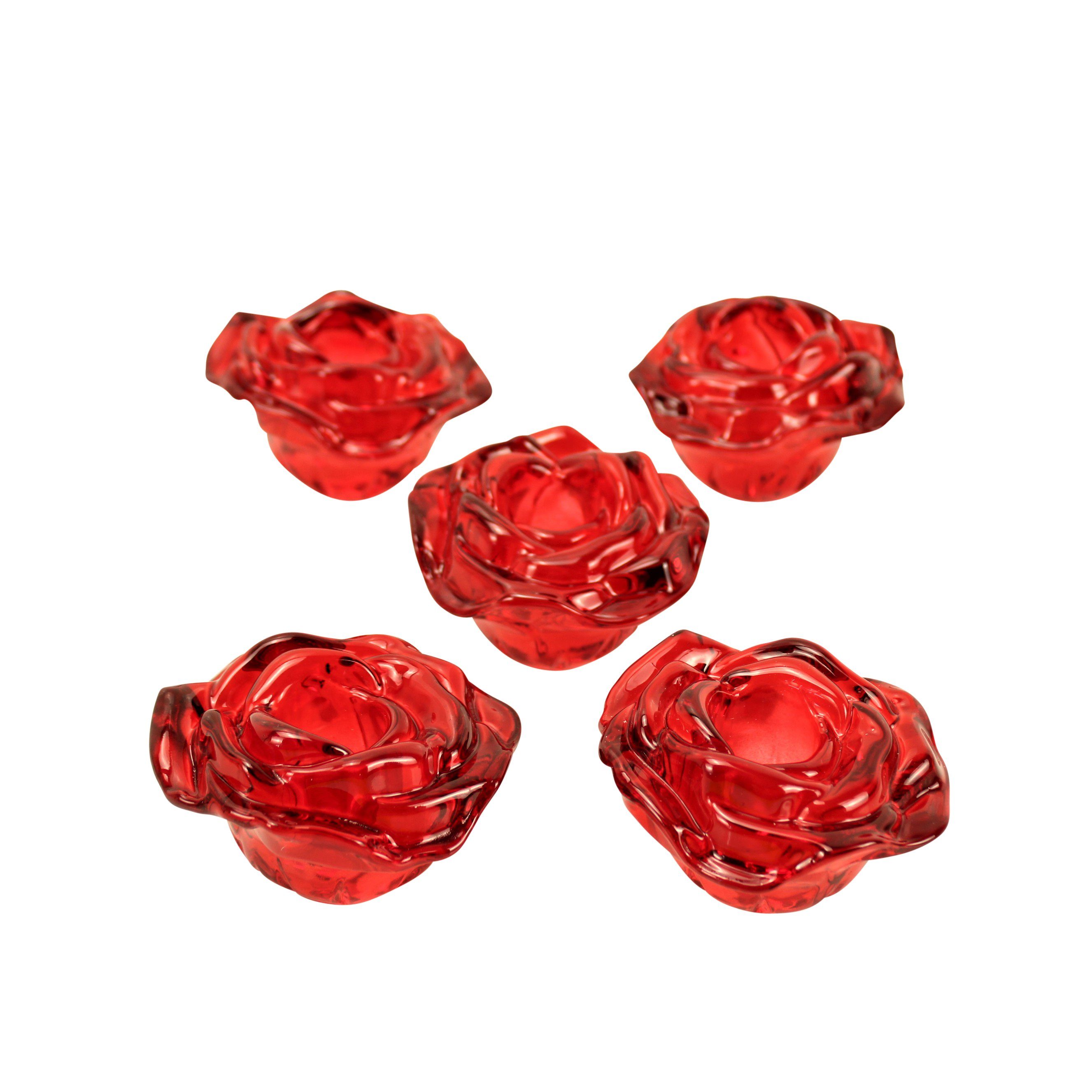 Online-Fuchs Kerzenständer 5er Set Kerzenhalter für Stabkerzen als Rosenblüten Rosen-Design ROT, Maße: 7x7x8 cm, aus Glas, für Tafelkerzen mit 2,1 cm Durchmesser