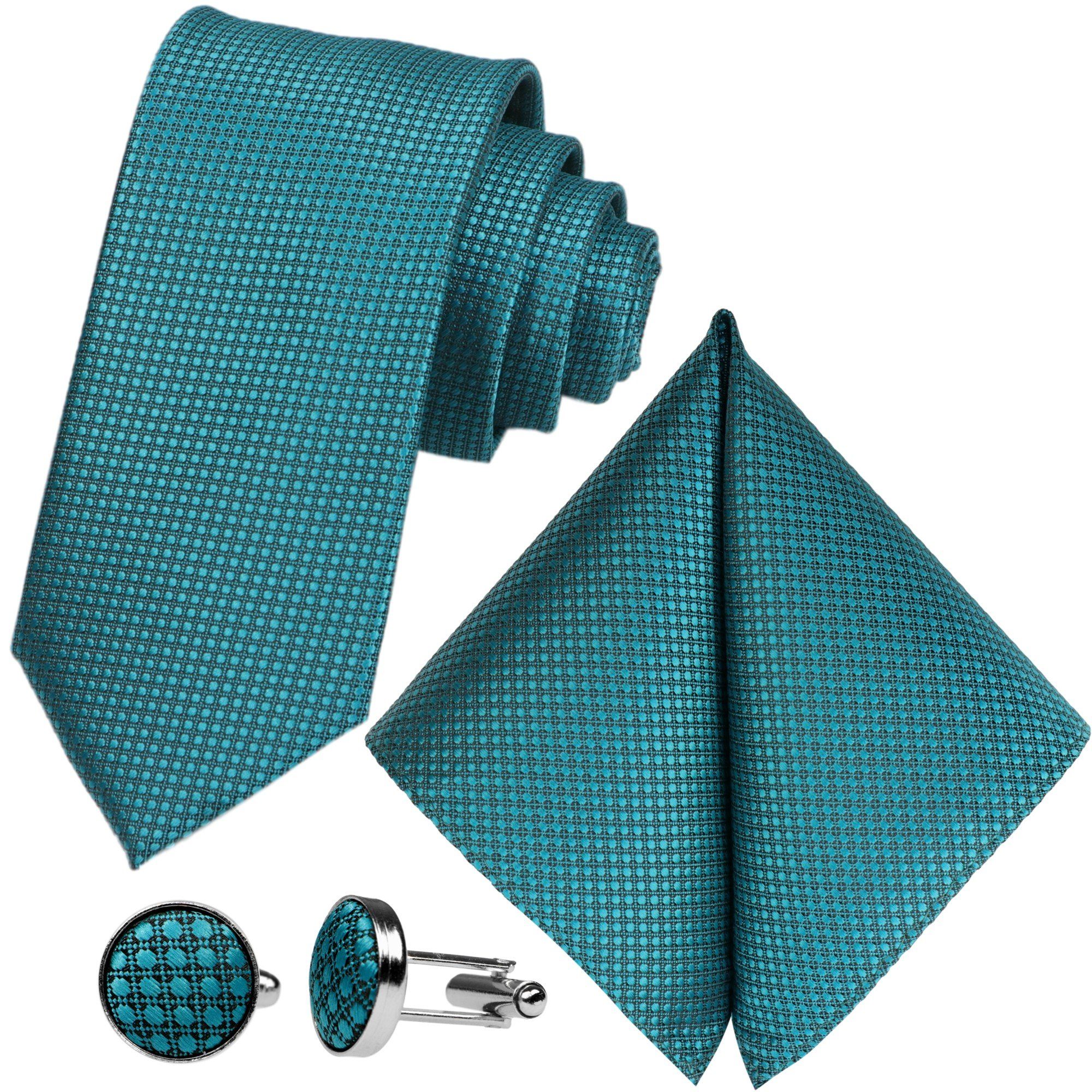 GASSANI Krawatte Karo Hochzeitskrawatte Tuch Festlich Schmal, Herren-Schlips Business (Set, 3-St., Uni, Einfarbig, Галстукиset, mit Einstecktuch, Manschettenknöpfe) Kariert, Gepunktet, Punkte, Dots, Grid Struktur, Matt Seide-Touch