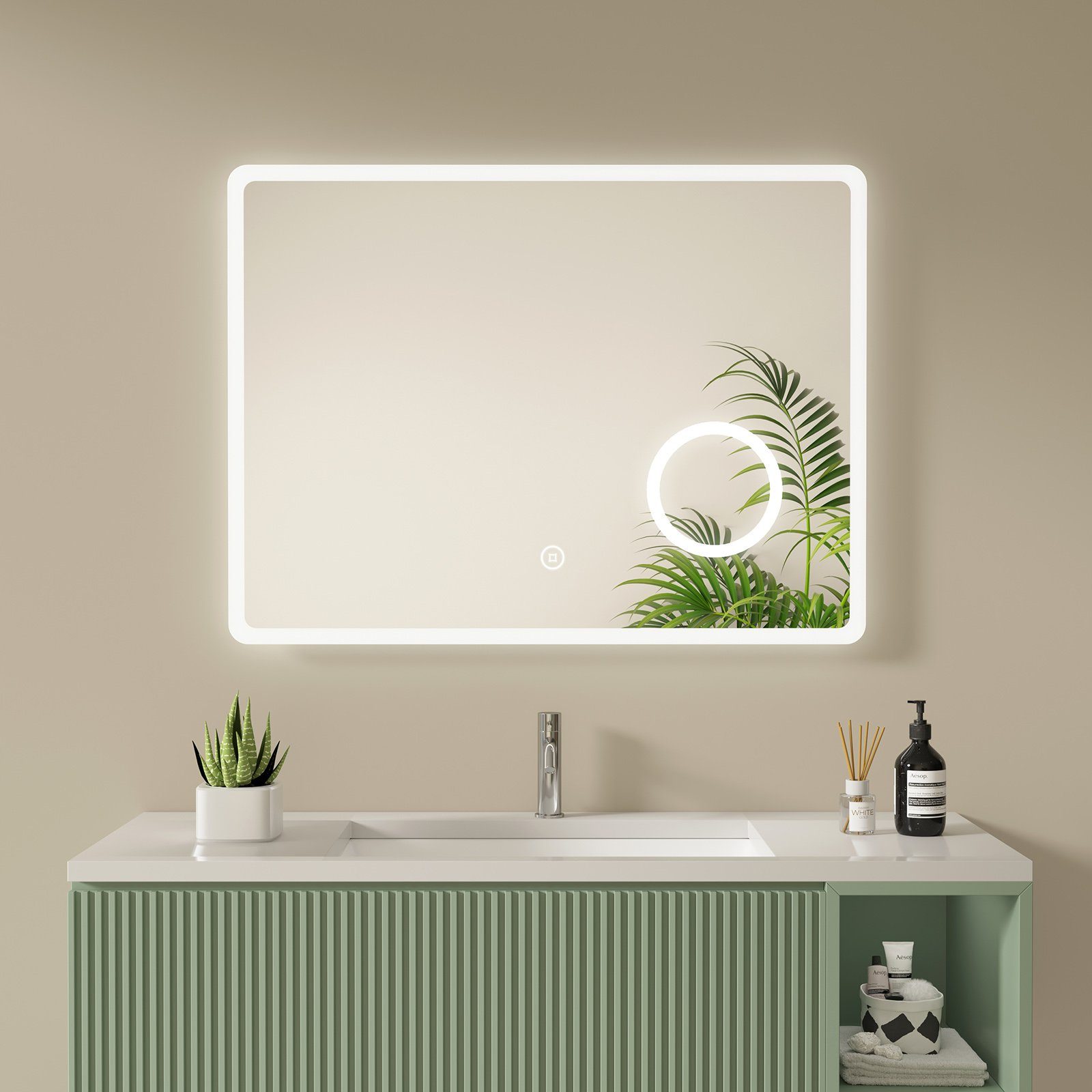 S'AFIELINA Badspiegel mit LED Beleuchtung Dreifach-Vergrößerung  Wandspiegel, Touchschalter, kaltweißes Licht, einstellbare Helligkeit,  80×60cm