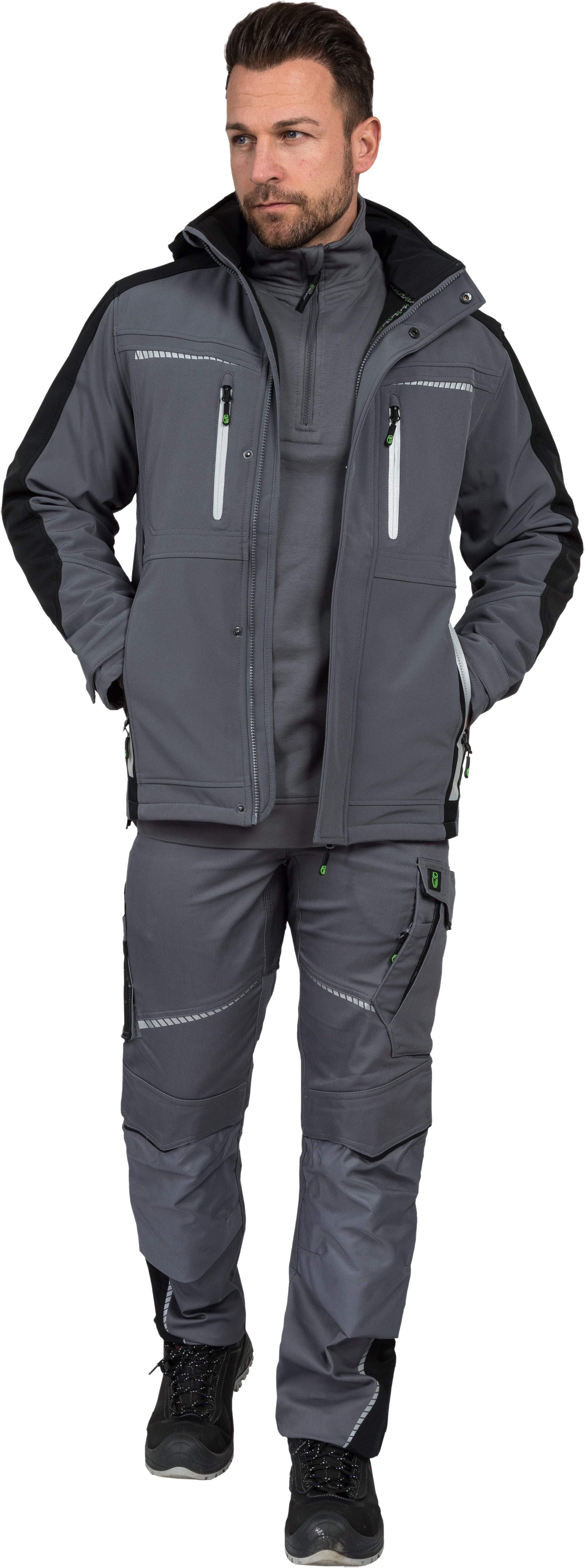 Leibwächter Softshelljacke Flex-Line Herren Übergangsjacke mit Kapuze (atmungsaktive Regenjacke, wasserdichte Softshell Arbeitsjacke) robustes 3-Lagenlaminat-Softshell, Reflektoren für gute Sichtbarkeit