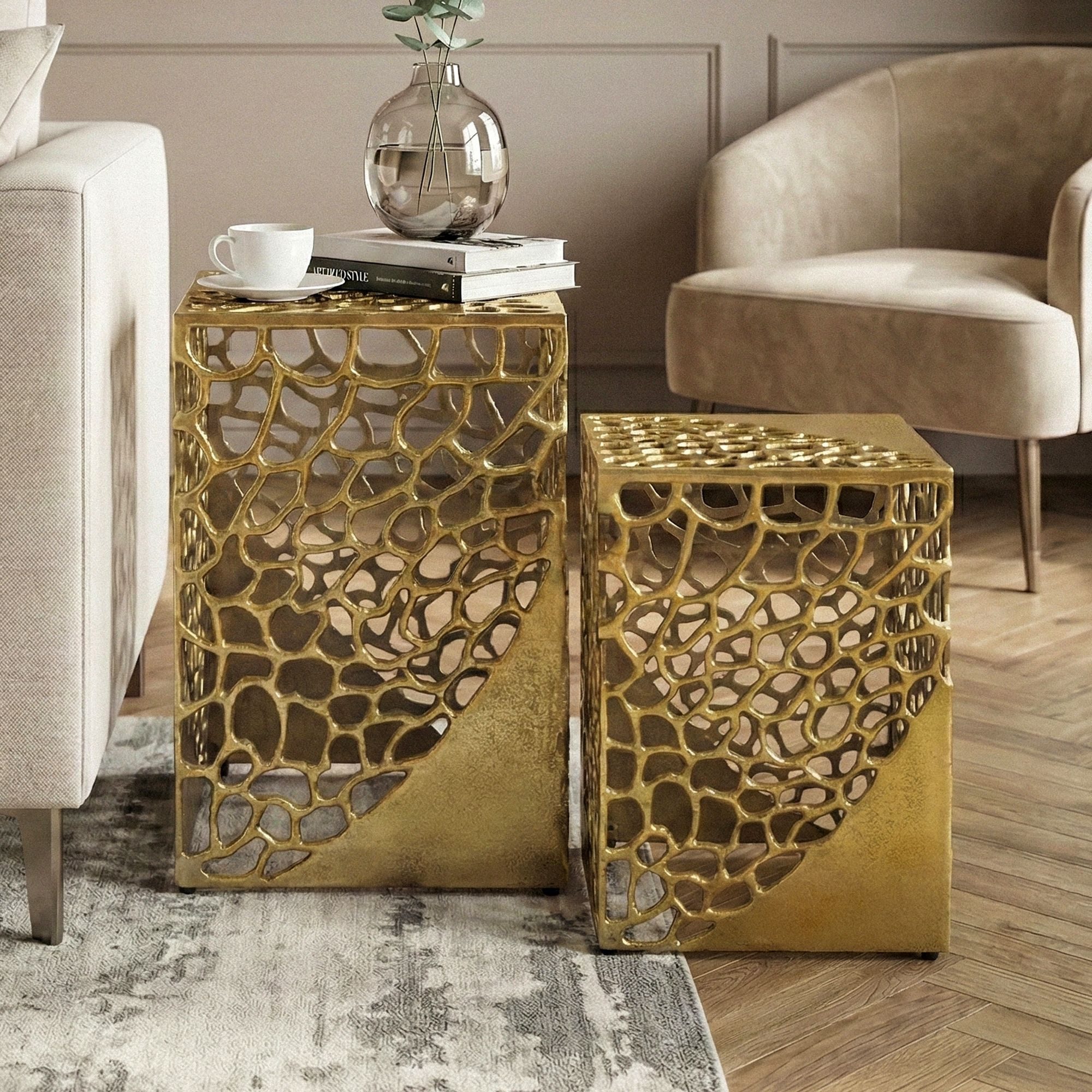 FINEBUY Satztisch FB76457 2er Set Beistelltisch Aluminium Gold Couchtisch Sofatisch (Einzigartige Struktur für moderne Wohnakzente), Praktisches Set mit flexibler Nutzung im Alltag