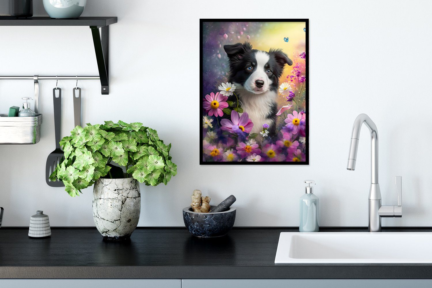 MuchoWow Poster Hund - Blumen - Gerahmtes Collie, Welpe Poster, mit Natur Schwarzem Kunstdruck, Bilderrahmen - St), Border - (1 Rahmen