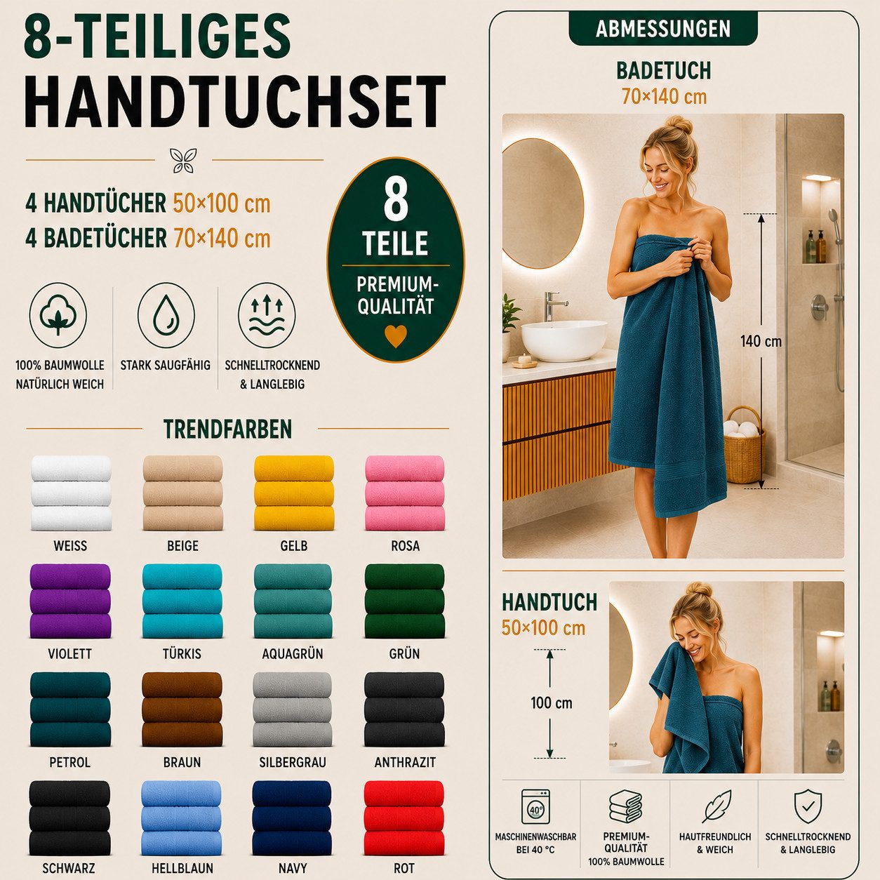Komfortec Handtuch Set 8x Handtuch & Badetuch Set - 4er 50x100 + 4er 70x140 cm, Frottee (Set, 8-St), 100% Baumwolle, 470 g/m2, mit Bordüre, Weich & Saugstark – Bild 2 von 5