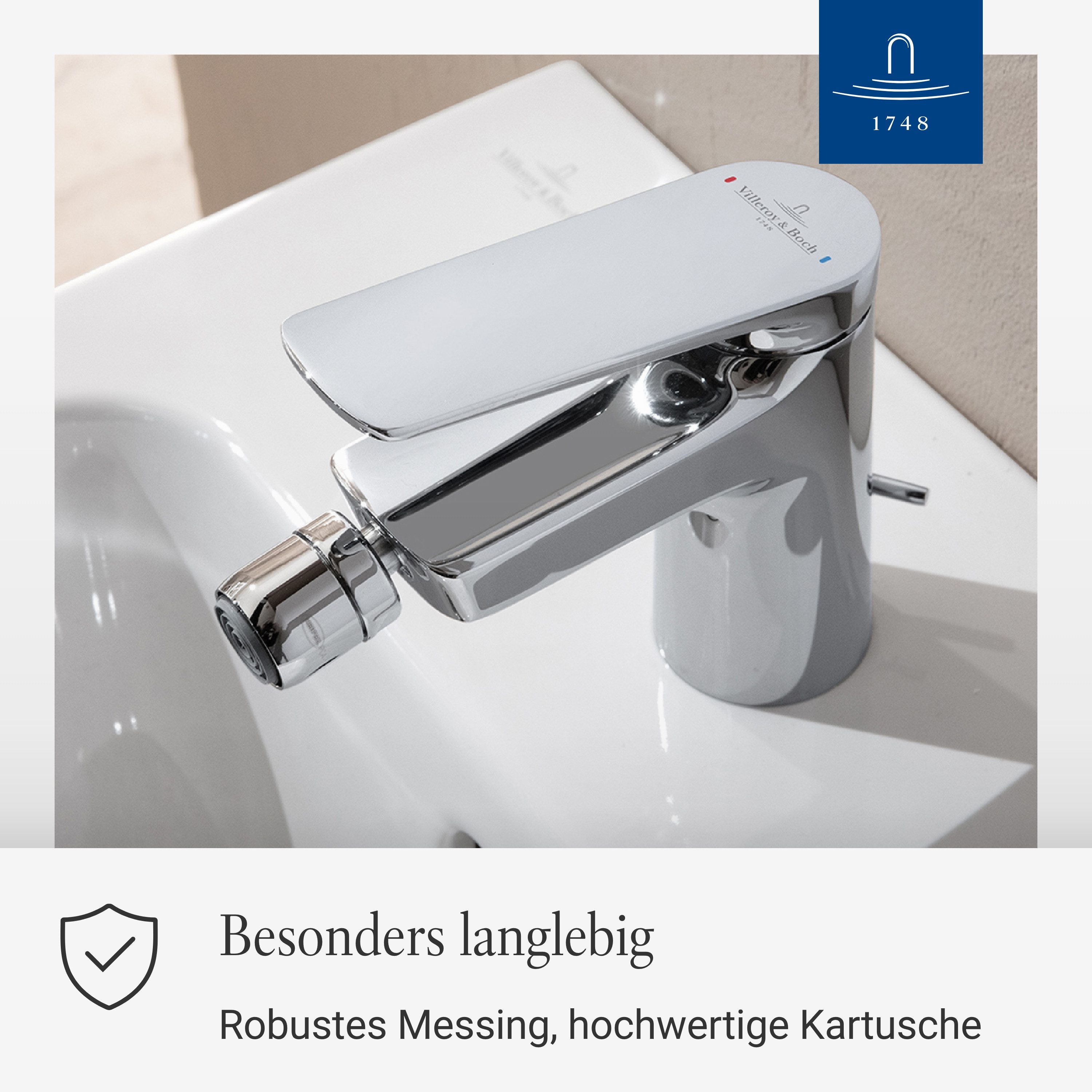 Villeroy & Boch Bidetarmatur Oasis Einhebel Bidet Wasserhahn mit Zugstange und Keramikkartusche, Bidetmischer