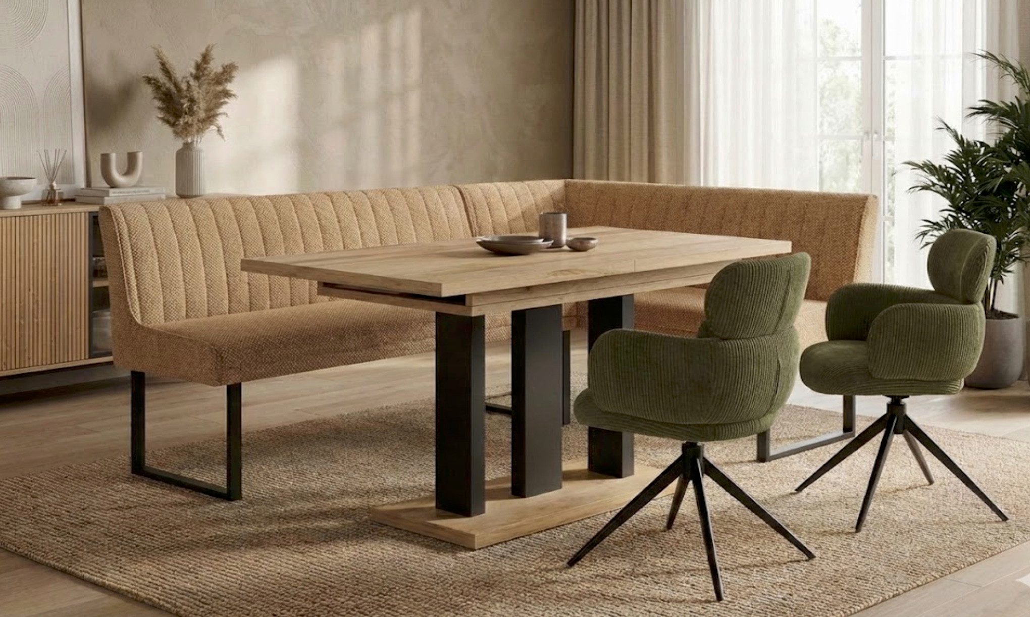 Endo-Moebel Eckbankgruppe Essgruppe mit Esstisch Eckbank & 2 Stühle Farbauswahl Chenille Stoff