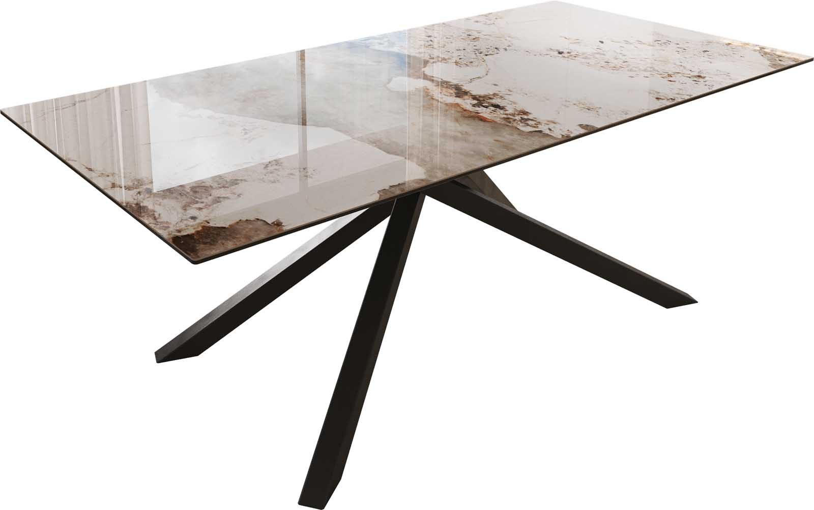 DELIFE Esstisch Edge, Keramik Minas Melange Weiß-Beige 200x100 Kreuzgestell Rechteck Schwarz