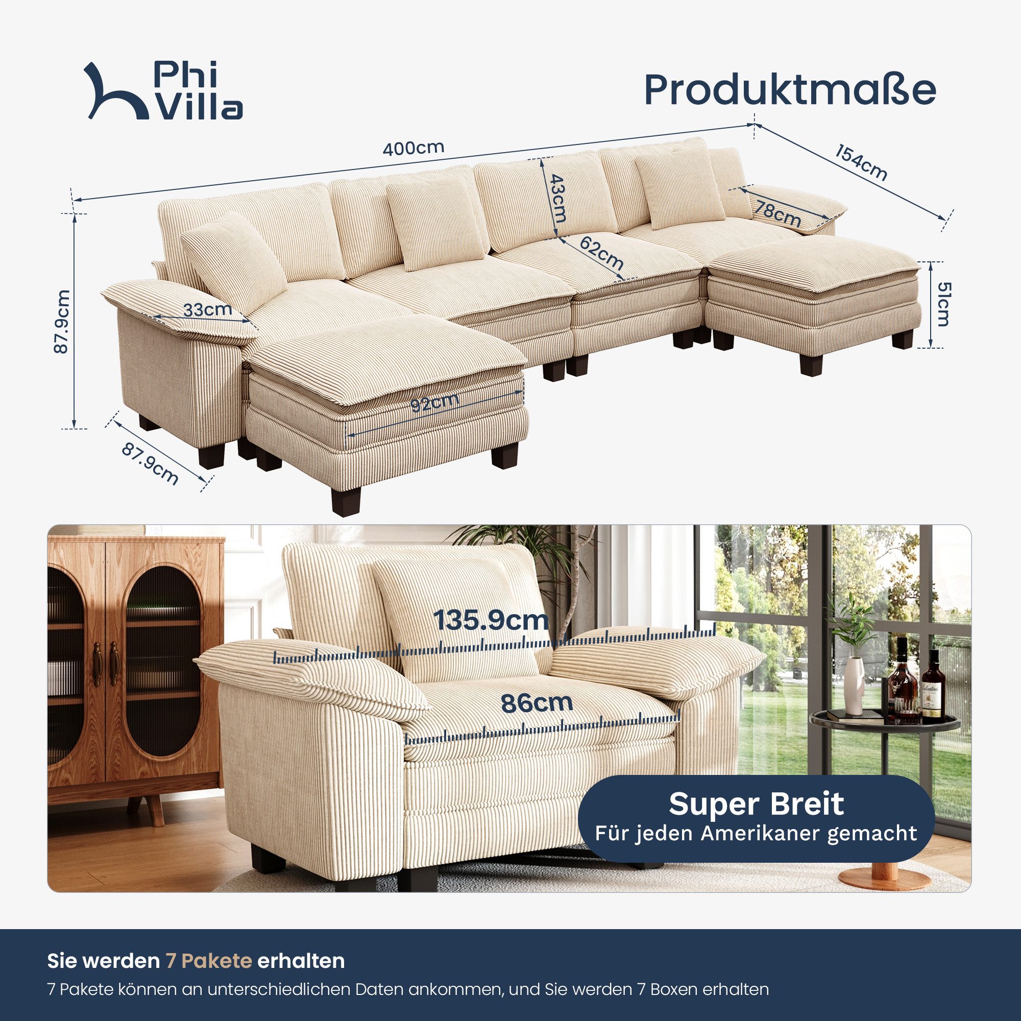 PHI VILLA Ecksofa L-Form Couch, 4-6-Sitzer-Sofa, Modulare Sofas inklusive Zierkissen und Ottomane für das Wohnzimmer