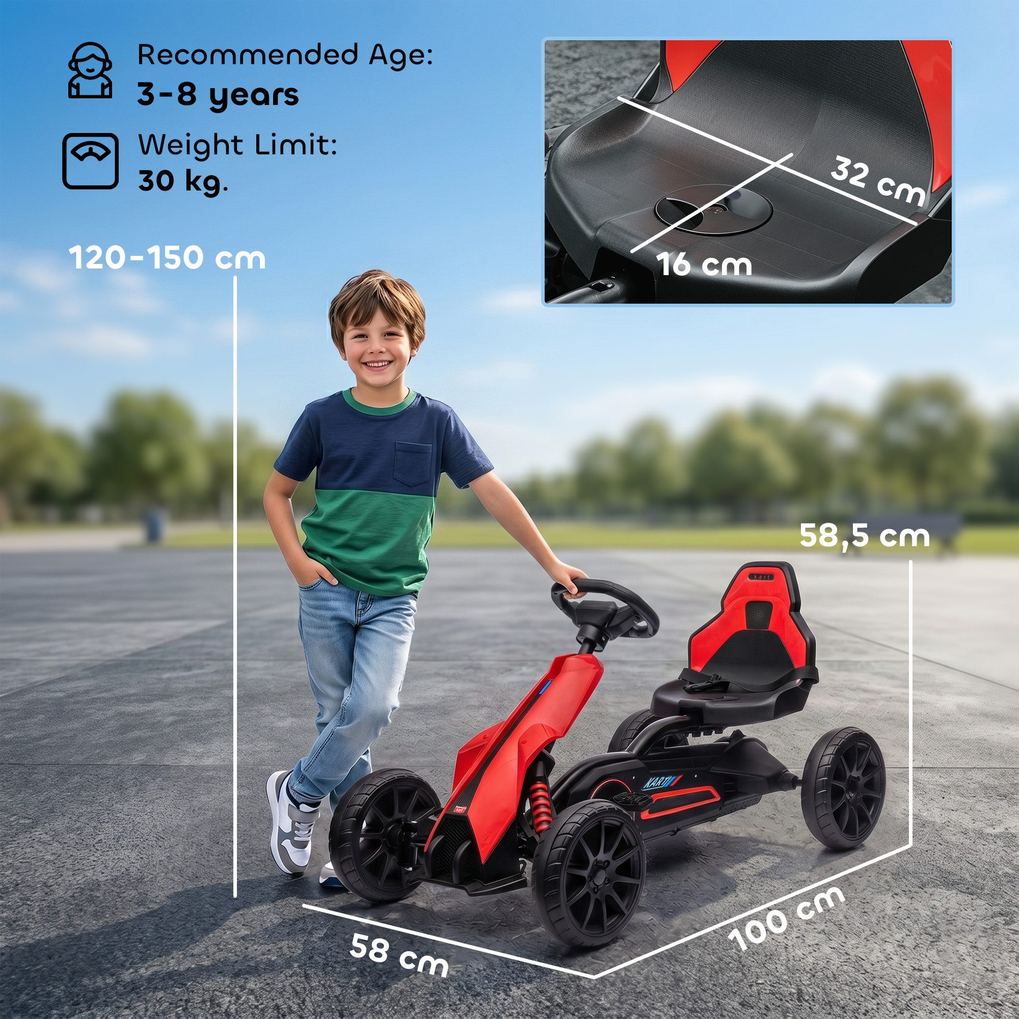 HOMCOM Go-Kart Kinderfahrzeug mit verstellbarem Sitz, Tretauto, Outdoor, für Kinder, Rot