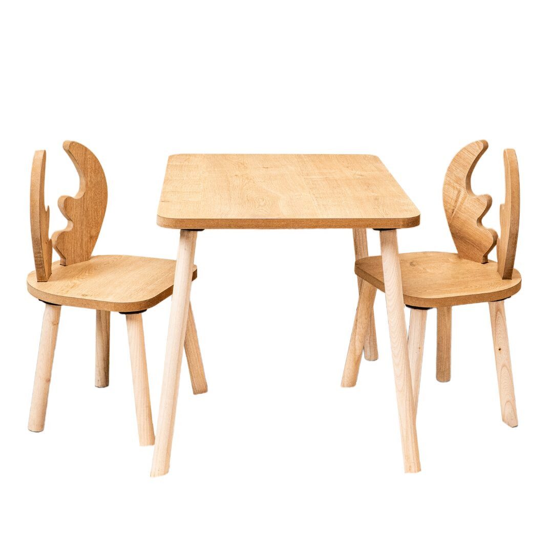 COZYCOLLECTIONS Kindersitzgruppe Kindertisch-Set mit Tiermotiv-Stühlen aus Naturholz, (Kindertisch-Set, 3-tlg., 3-teilig (1 Tisch + 2 Stühle), Montessori-Design: fördert Selbstständigkeit, Ordnung & Kreativität