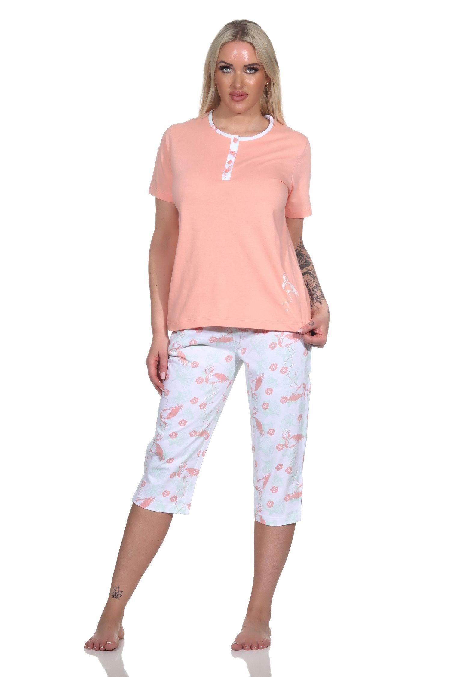 Normann Pyjama Damen Capri Schlafanzug kurzarm Pyjama mit Flamingo Motiv apricot