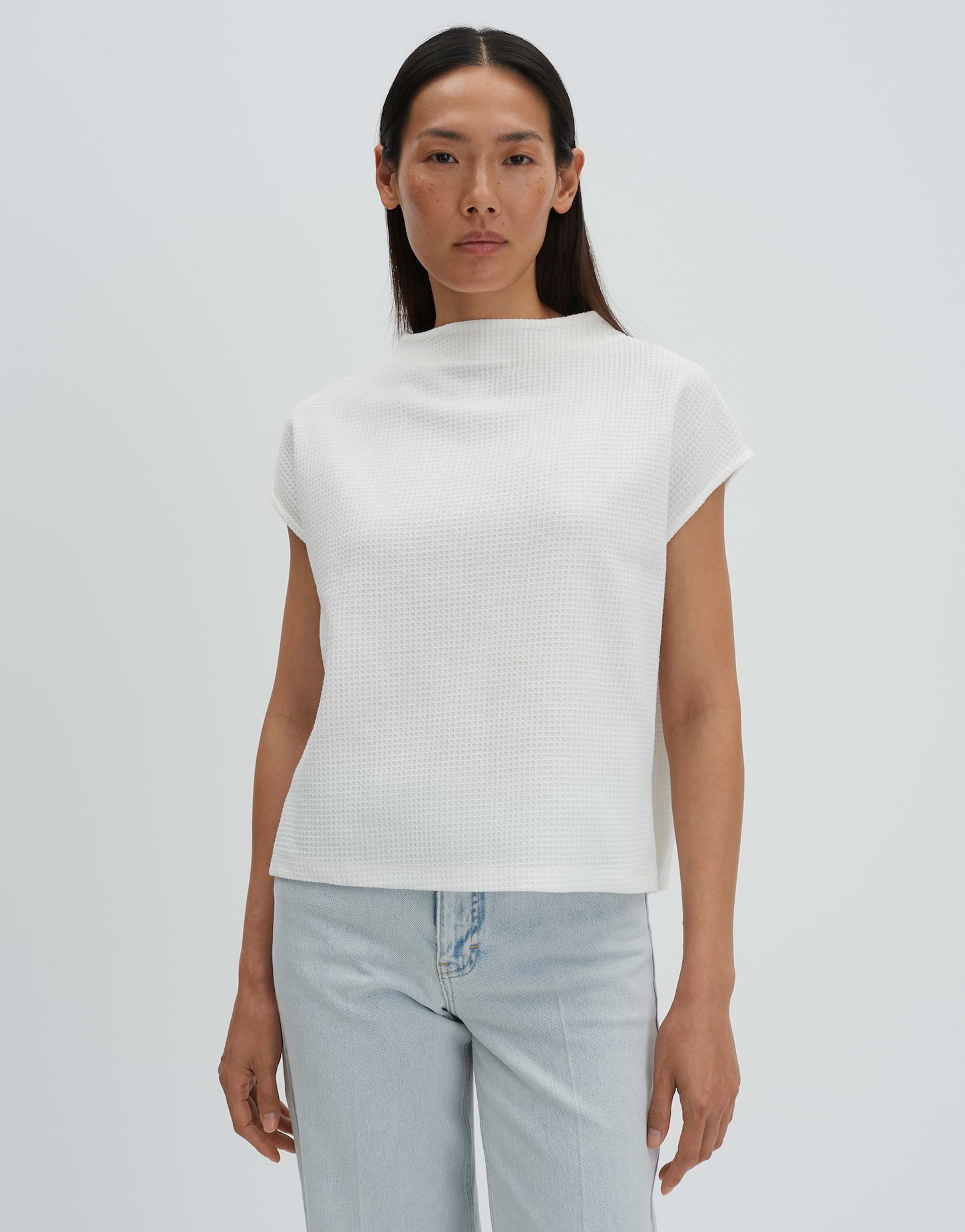 someday Kurzarmshirt Koline mit Waffelstruktur Funnel Neck, kleine Seitenschlitze für Komfort