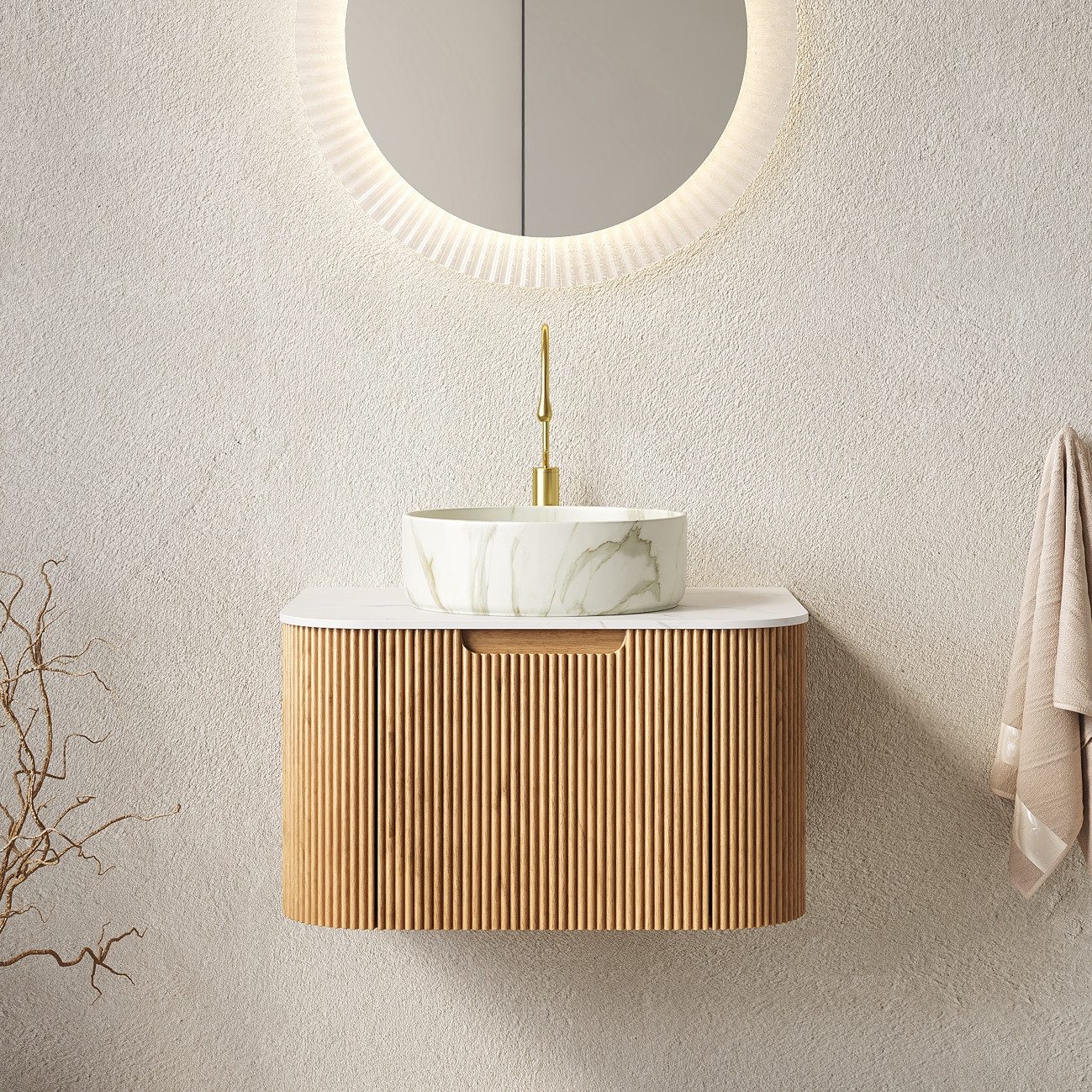 Odikalo Waschtisch Badmöbel Unterschrank Waschbecken Wandhalterung Schublade Natur Weiß (DINA 61cm Hängende Badezimmer-Waschtisch mit weißes Keramik-Waschbecken / Rund Keramikbecken / Transparentes Rundes Glasbecken, weiße Arbeitsplatte, gebogene Kanten gestreifter Sperrholzschrank mit Schublade, vormontiert, natürliche Holzmaserung Farbe)
