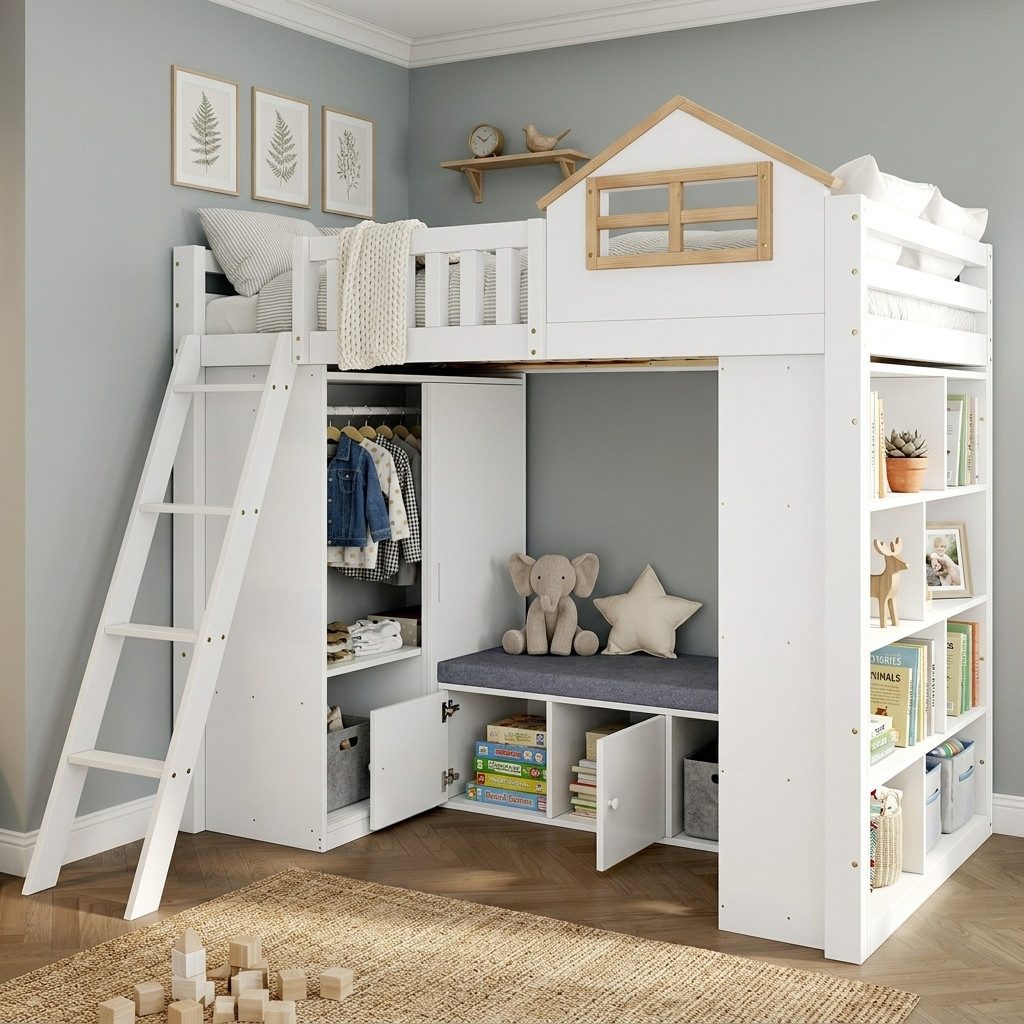 KEFEYA Hochbett Kinderbett Hausbett in Weiß-Natur mit Kleiderschrank (Sitzbank & Regal – für Kinderzimmer und kleine Räume, 1-St., 90x200cm)