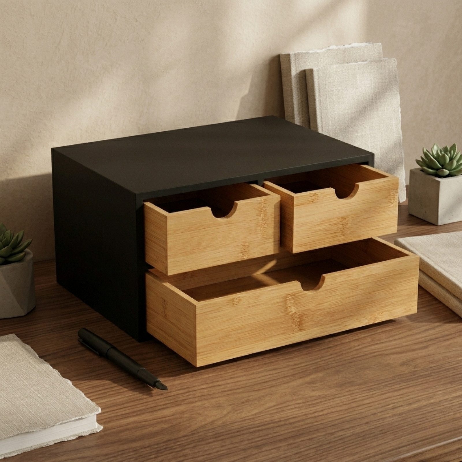 BOXIMO Organizer Bambus-Organizer für den Schreibtisch HEGO, 16 cm, mit 3 Schubladen