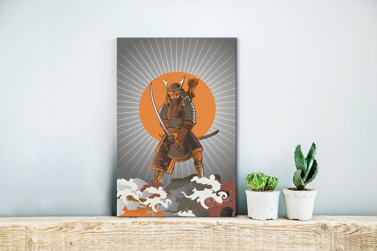 OneMillionCanvasses® fertig St), cm bespannt Leinwandbild Leinwandbild Samurai aufgehenden der Gemälde, im inkl. Illustration (1 Eine der 20x30 Sonne, Zackenaufhänger, Angesicht