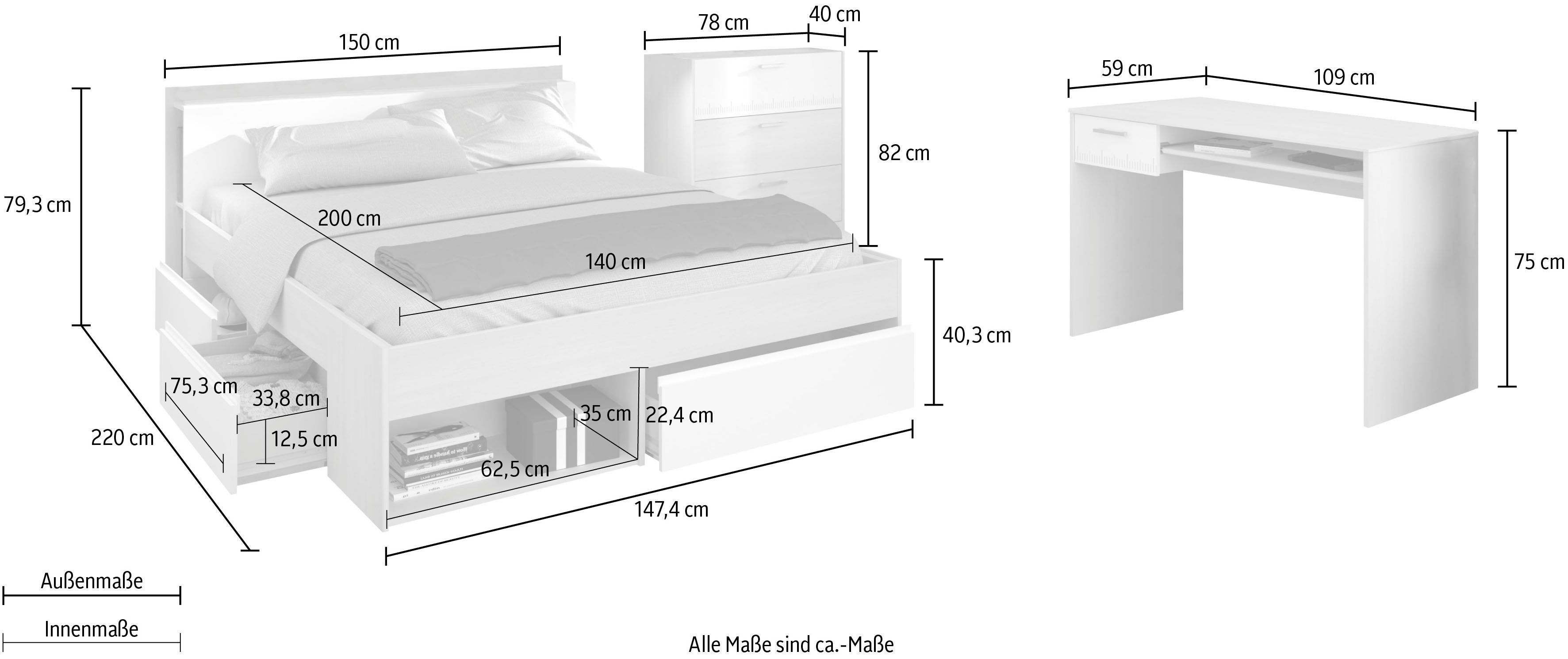 Parisot Jugendzimmer-Set Most, (Set, 3-tlg., Bett mit Schubkästen, Schreibtisch und Schubkastenkommode)