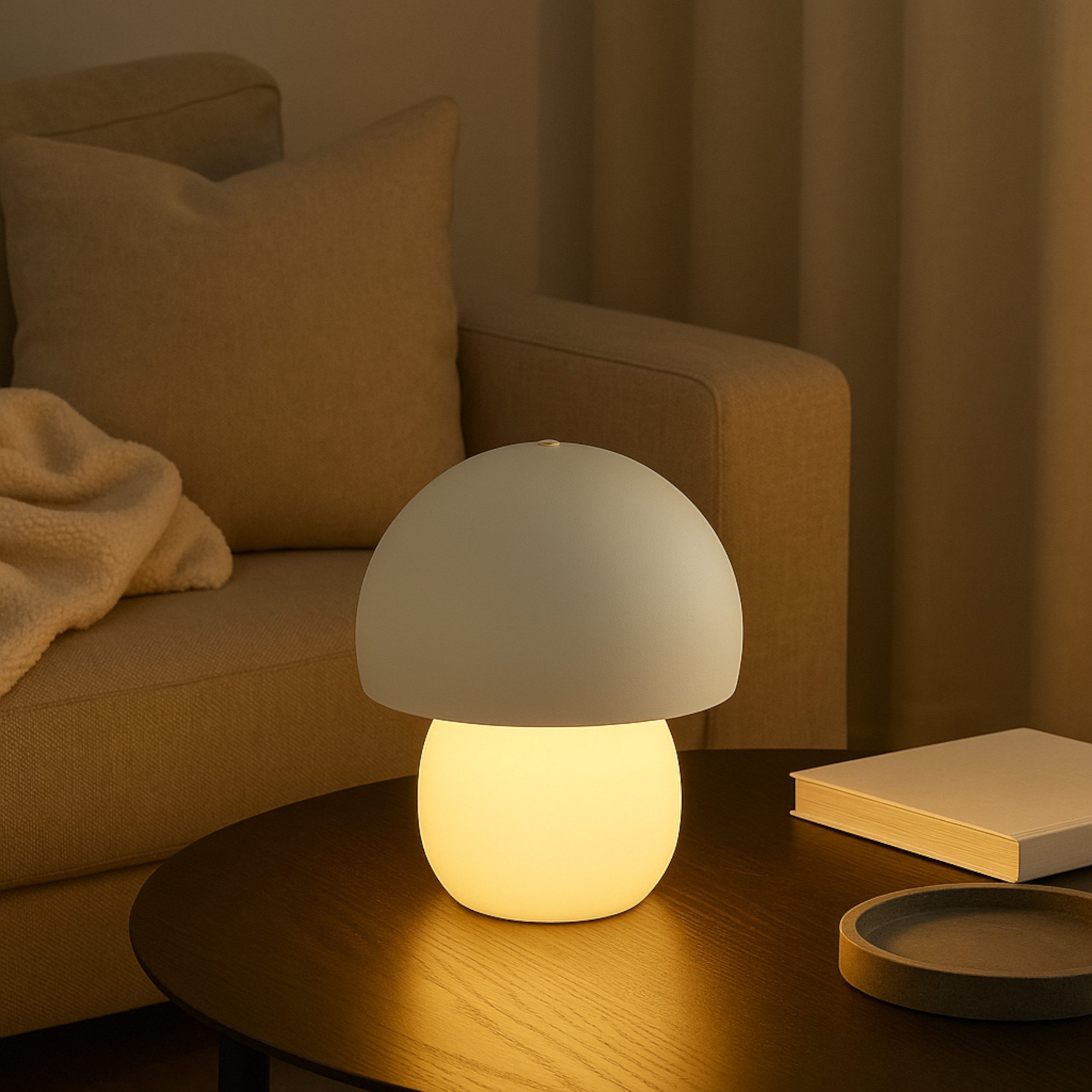 Lightbox Tischleuchte, LED fest integriert, Warmweiß, LED Akku-Pilzlampe, wireless charging, 24cm, 230lm, dimmbar, weiß