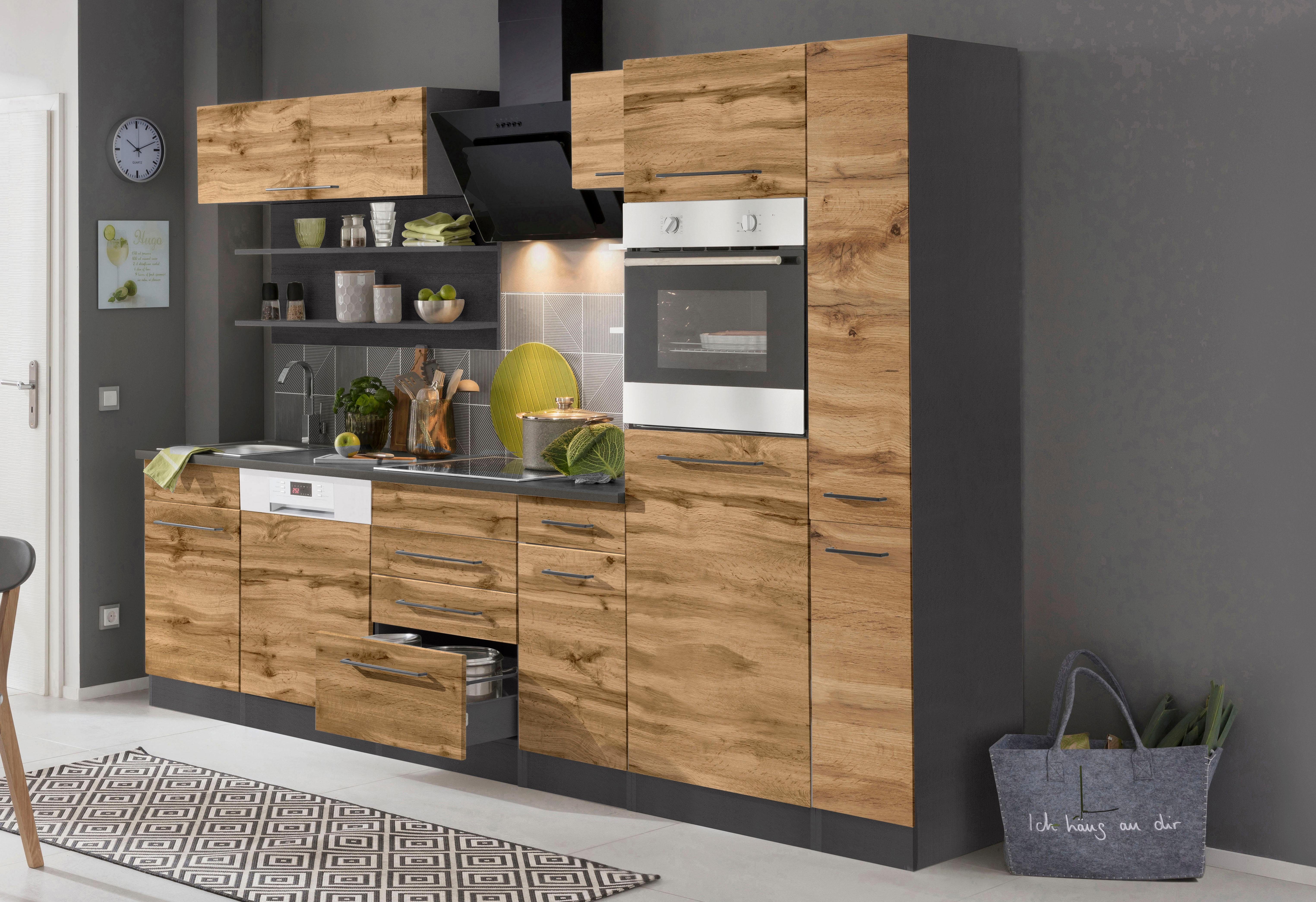 KOCHSTATION Küchenzeile KS-Tulsa, mit E-Geräten, Breite 270 cm, schwarze Metallgriffe, MDF Fronten