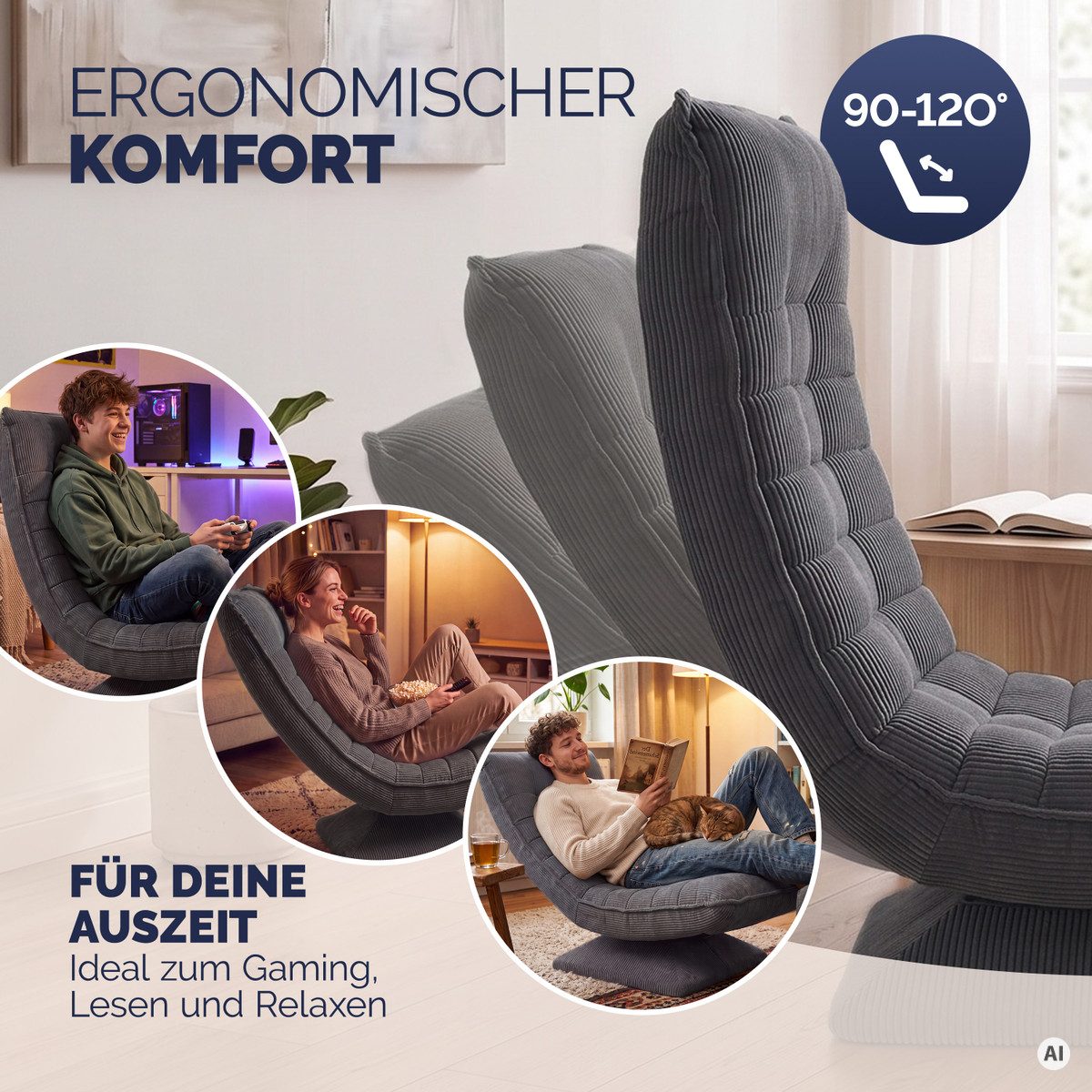 Casaria Relaxsessel Aberdeen Cord, verstellbare Lehne Drehbar Klappbar 150kg Belastbarkeit 60x105x87cm – Bild 4 von 5