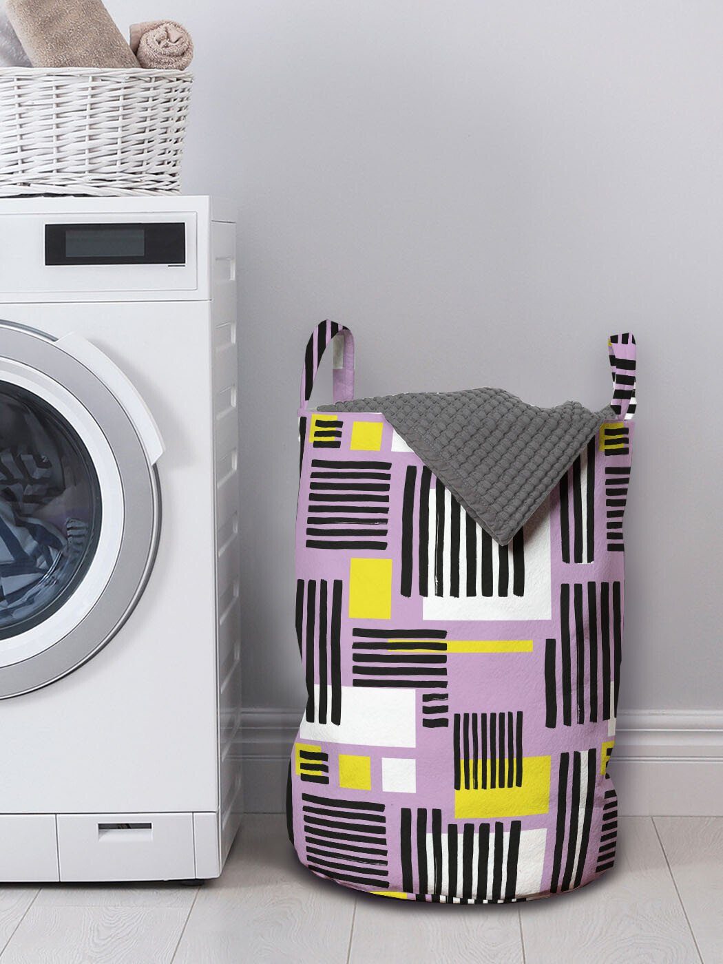 Quadrate Wäschekorb Streifen Waschsalons, Kordelzugverschluss mit für Moderne Geometrisch Griffen und Wäschesäckchen Abakuhaus