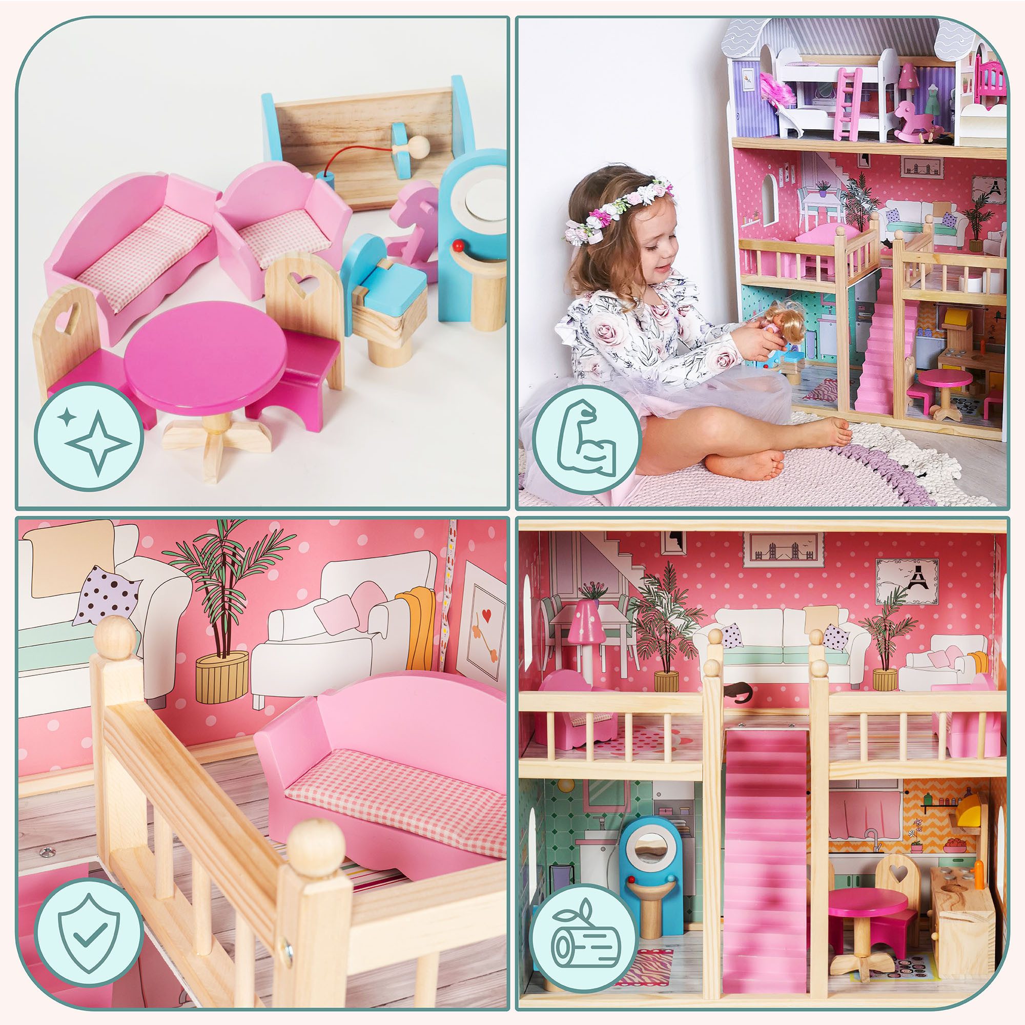 Mamabrum Puppenhaus 3-stöckiges Holzpuppenhaus mit Terrasse, Möbelset und LED