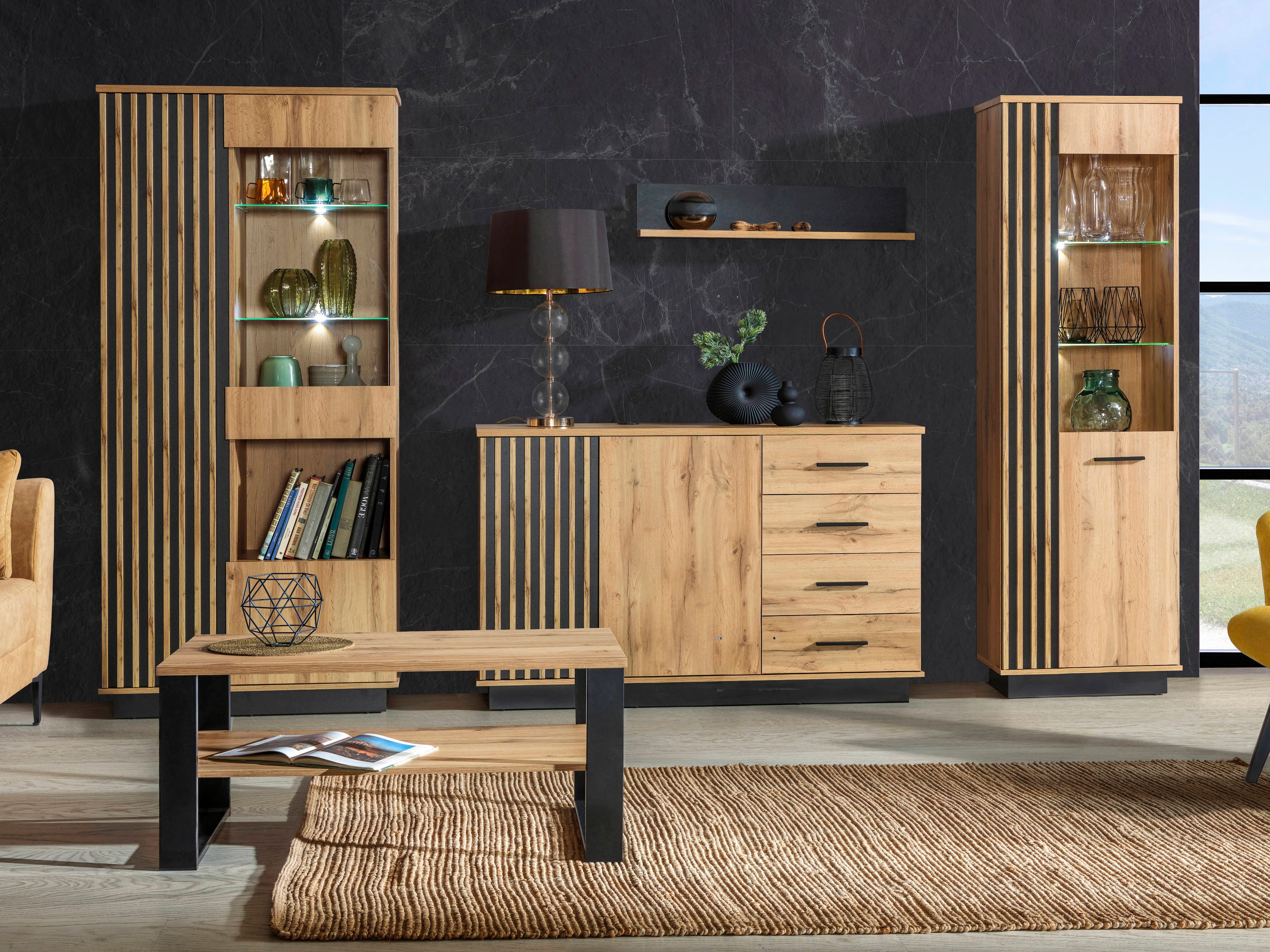 Beautysofa Kommode Lamelo mit 4 Schubladen und 2 Türen (Lamellenfront, Eiche Wotan/Schwarz, modernes Loft-Design), zweitürig, mit Dekorlamellen – Bild 5 von 5