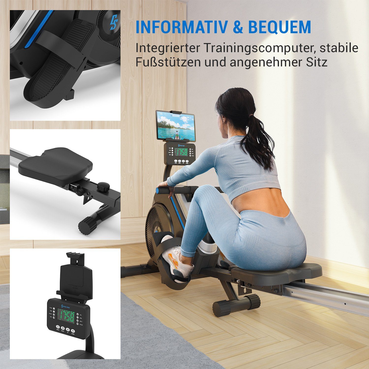 Capital Sports Rudermaschine Helios Magnetrudergerät 8 Stufen LED Aluminium klappbar 150 kg 2m (Set, Tablethalterung;Kinomap-Integration), Rudermaschine Heimtrainer mit LED-Computer & Tablet-Halter 150 kg