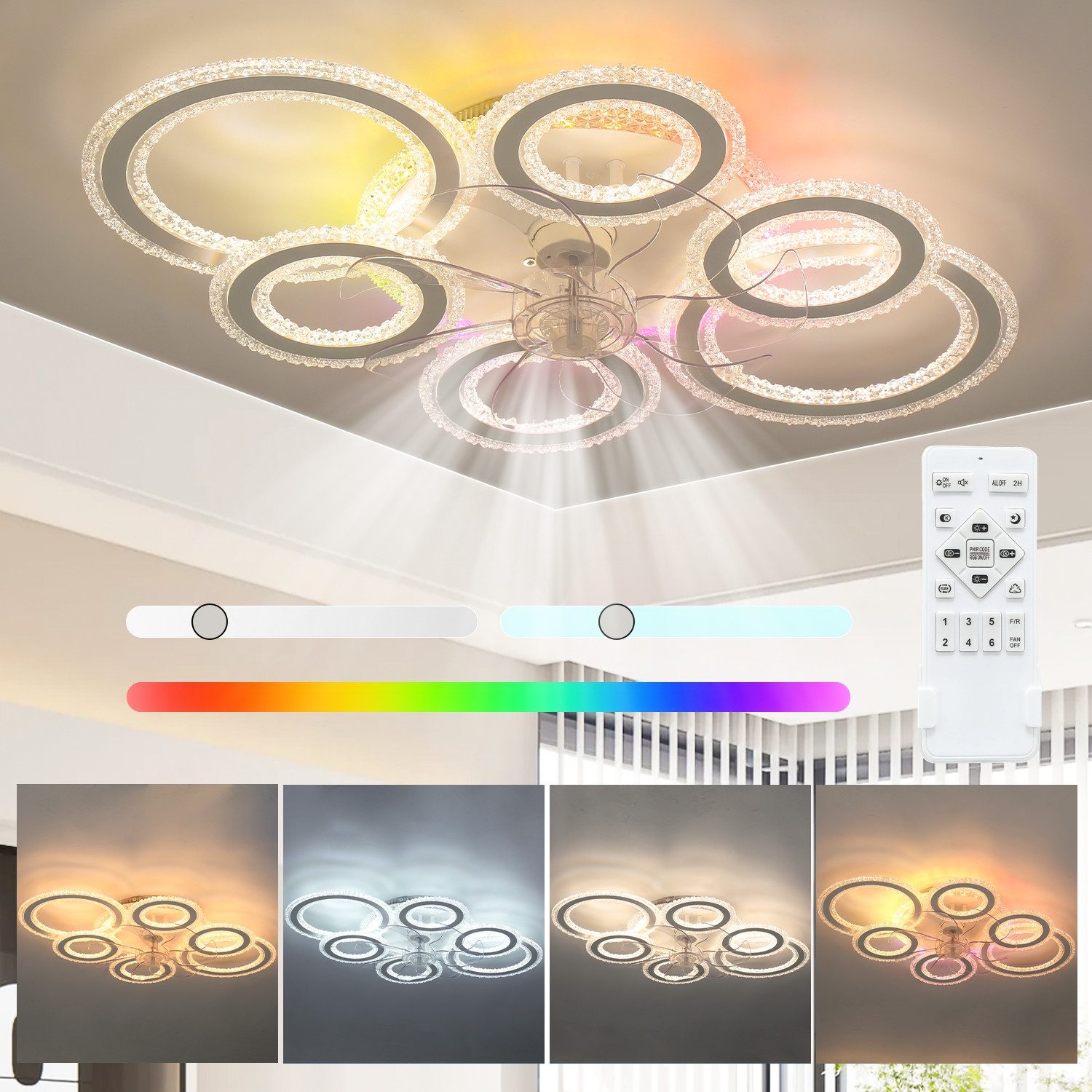 WILGOON Deckenleuchte 90W Leise Deckenventilator mit Beleuchtung, RGB dimmbar, 6-Gang, Timer, RGB-Hintergrundbeleuchtung, LED fest integriert, kaltweiß, warmweiß, neutralweiß, RGB, led Deckenleuchte Mit Ventilator Fernbedienung, 76×53 cm