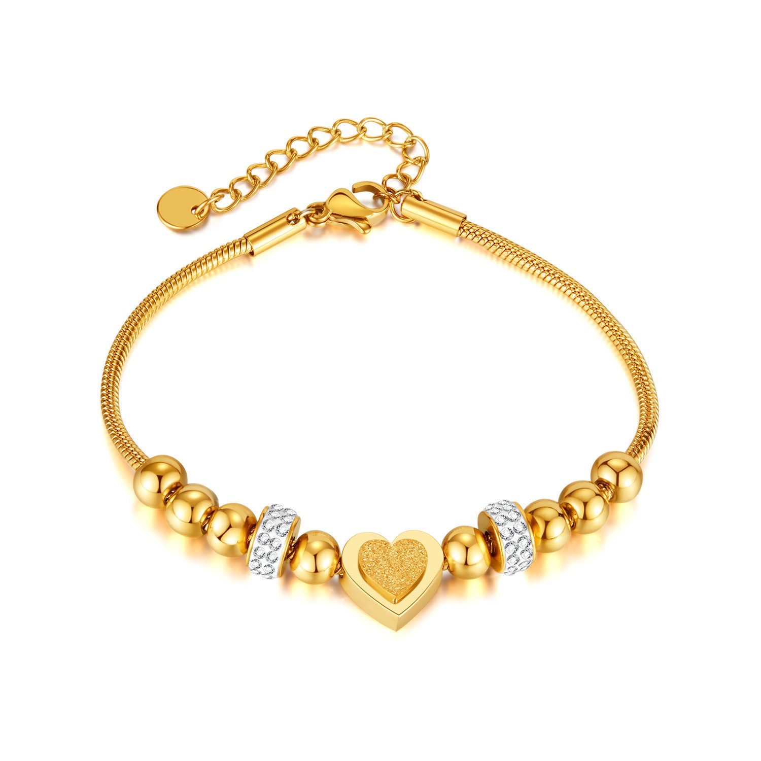 RAIKOU Armband Herz Edelstahl Goldfarben mit Zirkonia, Verstellbares Perlenarmband, Herz-Anhänger mit Zirkonia