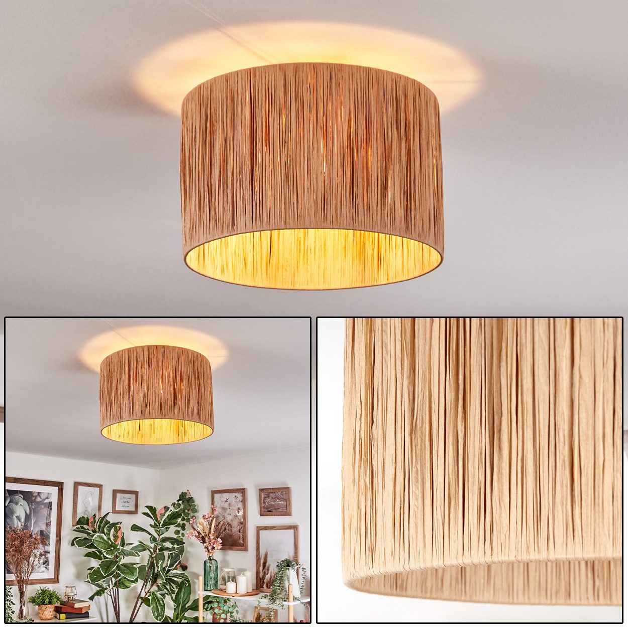 Deckenleuchte Deckenlampe aus Metall/Bast in Schwarz/Naturfarben