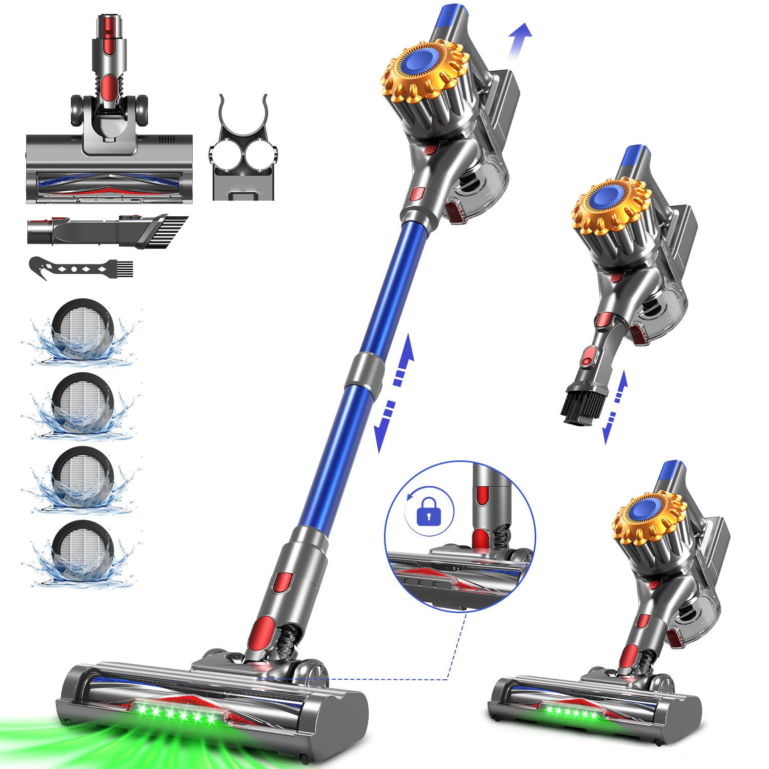 Adormii Akku-Hand-und Stielstaubsauger Akku Staubsauger,Staubsauger Kabellos 50kPa/60Min,GreenEye-Technologie, beutellos, Selbststehendes Design,Staubsauger für Tierhaare,Teppich und Hartboden