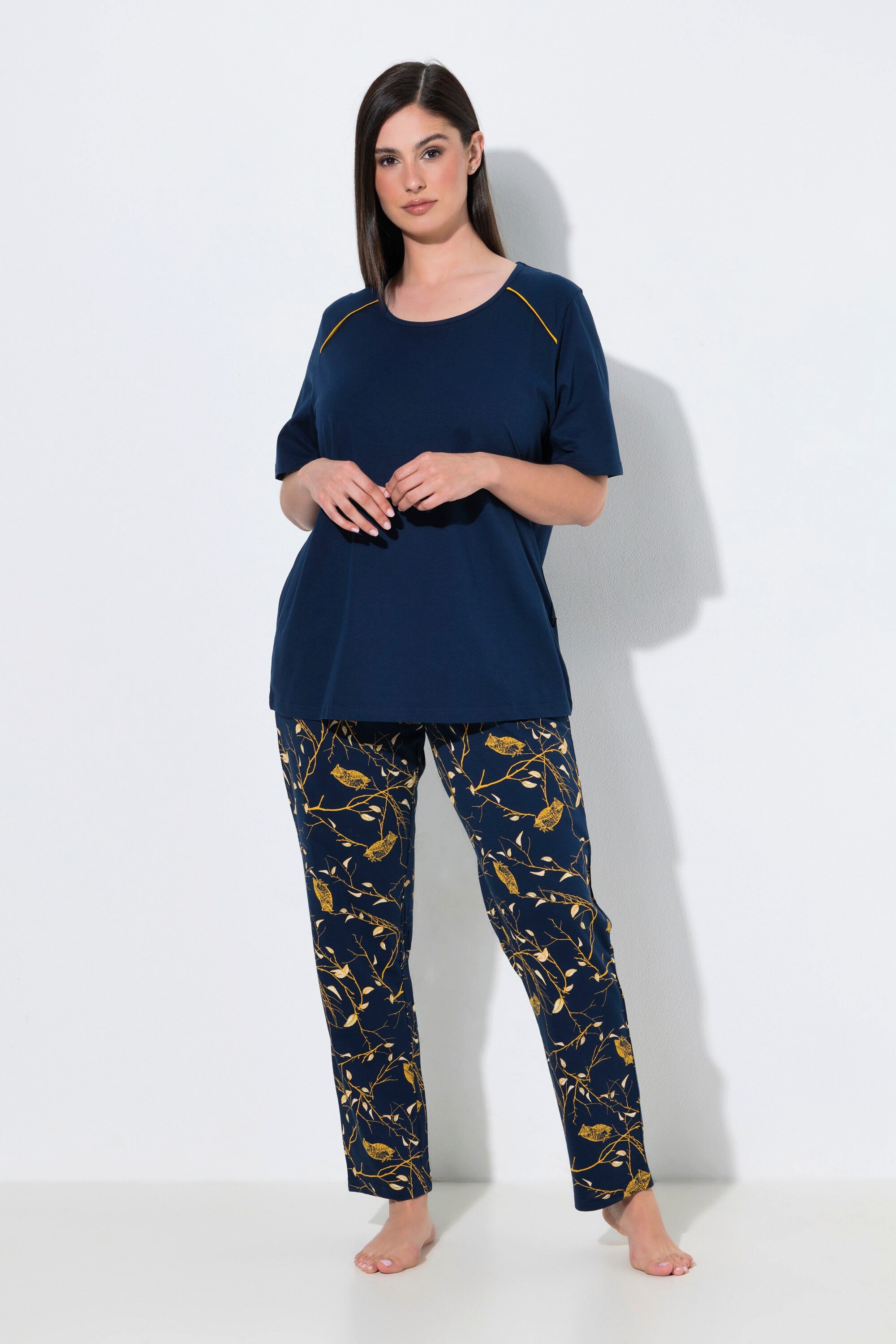 Ulla Popken Pyjama Pyjama gemusterte Hose Rundhals Halbarm