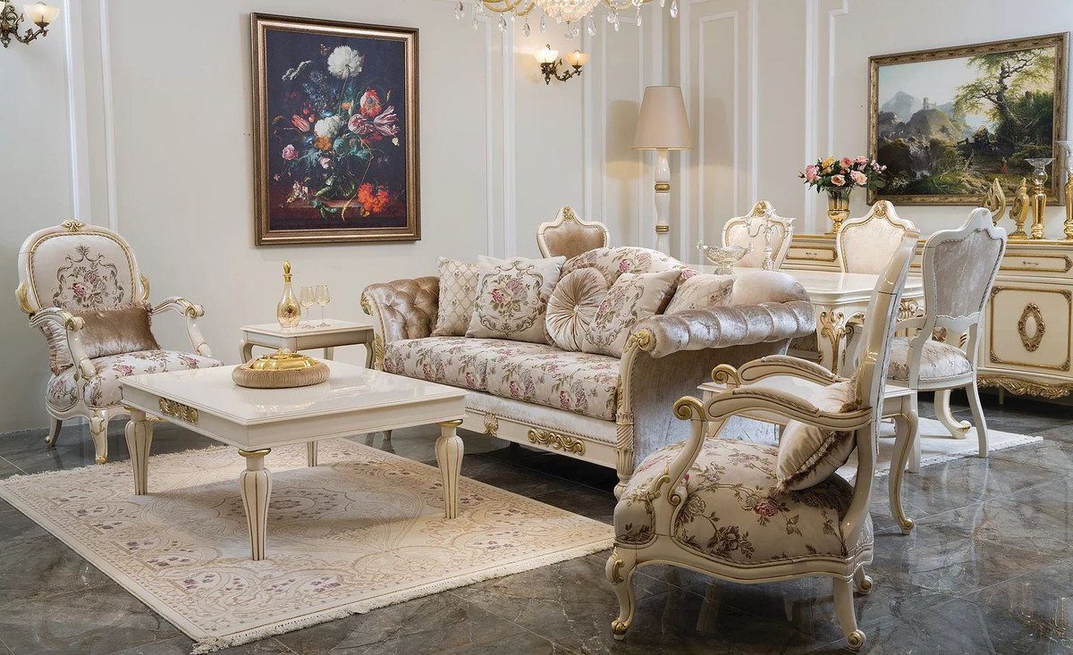Casa Padrino Couchtisch 90 im Massivholz - Wohnzimmertisch Eleganter Weiß 47 Luxus Barockstil x Couchtisch 125 Möbel cm x Barock Gold - / Barock H