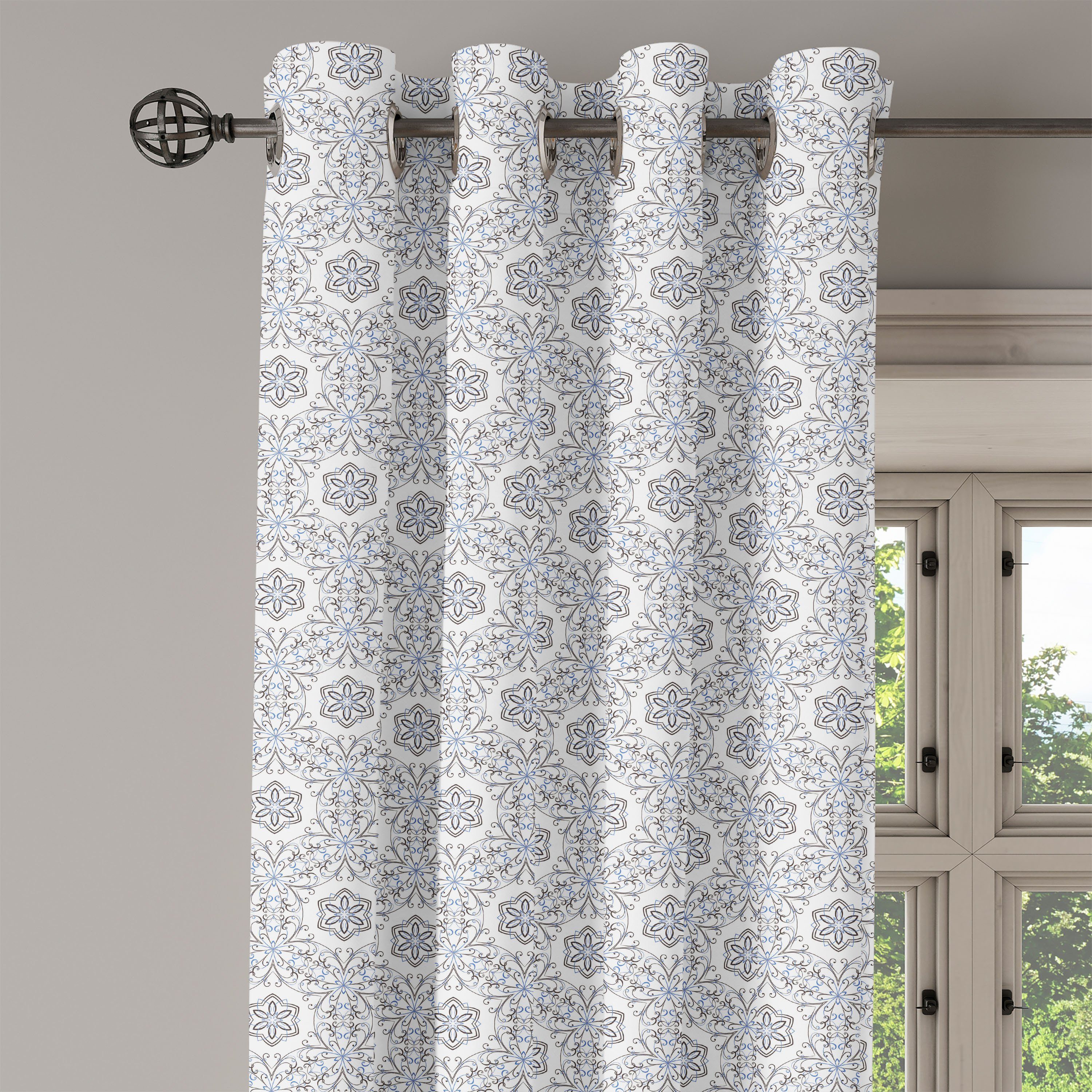 Abakuhaus, Scroll Gardine Schlafzimmer Mosaik-Fliesen Dekorative für Wohnzimmer, Blumen Curls 2-Panel-Fenstervorhänge