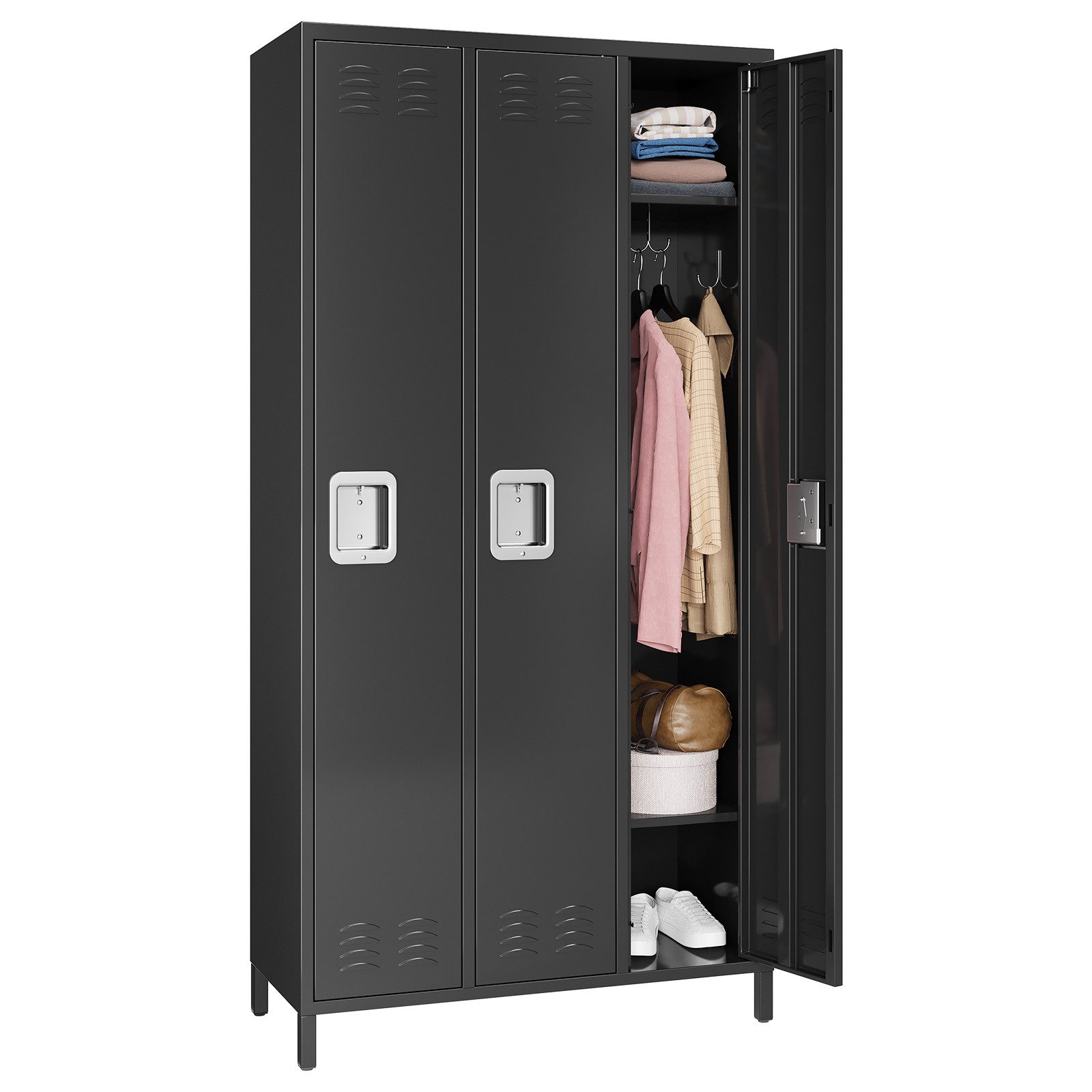 GarveeMore Kleiderschrank Metallspind aus kaltgewalztem Stahl (0,6 mm) mit Lüftungsschlitzen & Sicherheitsschloss, 90 × 40 × 183 cm, Schwarz