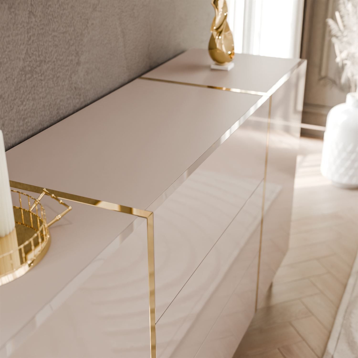ALLHOUSE24 Kommode Kommode 158 cm Kaschmir Hochglanz GOLD Metallfüße Sideboard (1x Kommode), Breite 158 cm – Bild 4 von 5