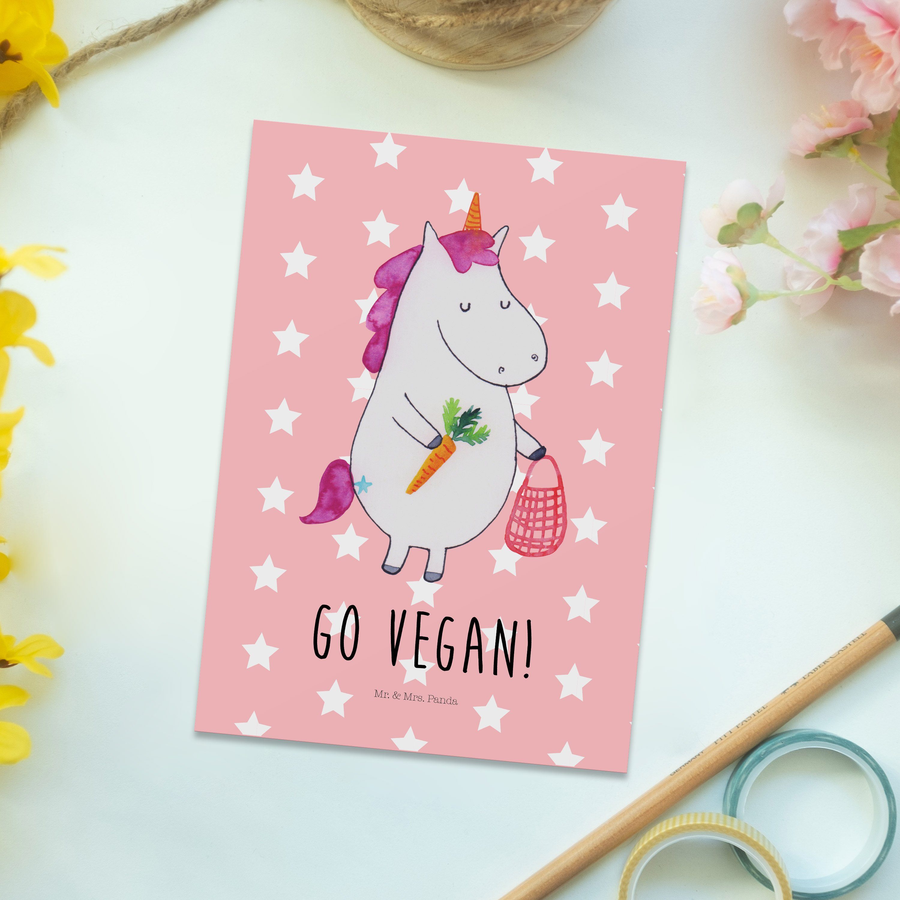 Geschenk, Mr. Pastell Postkarte - Pegasus, Grußkarte Mrs. & Rohkost, Rot Panda Einhorn Vegan -