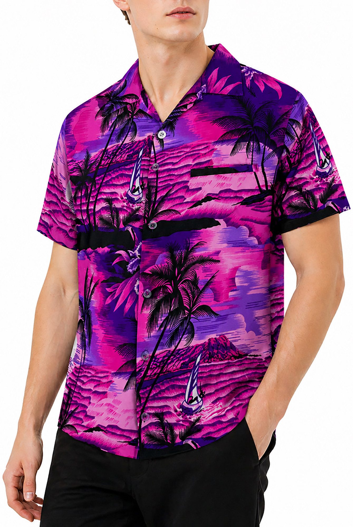 King Kameha Hawaiihemd "Surf" Funky Hawaii-Hemd Herren Kurzarm Front-Tasche Sommerhemd