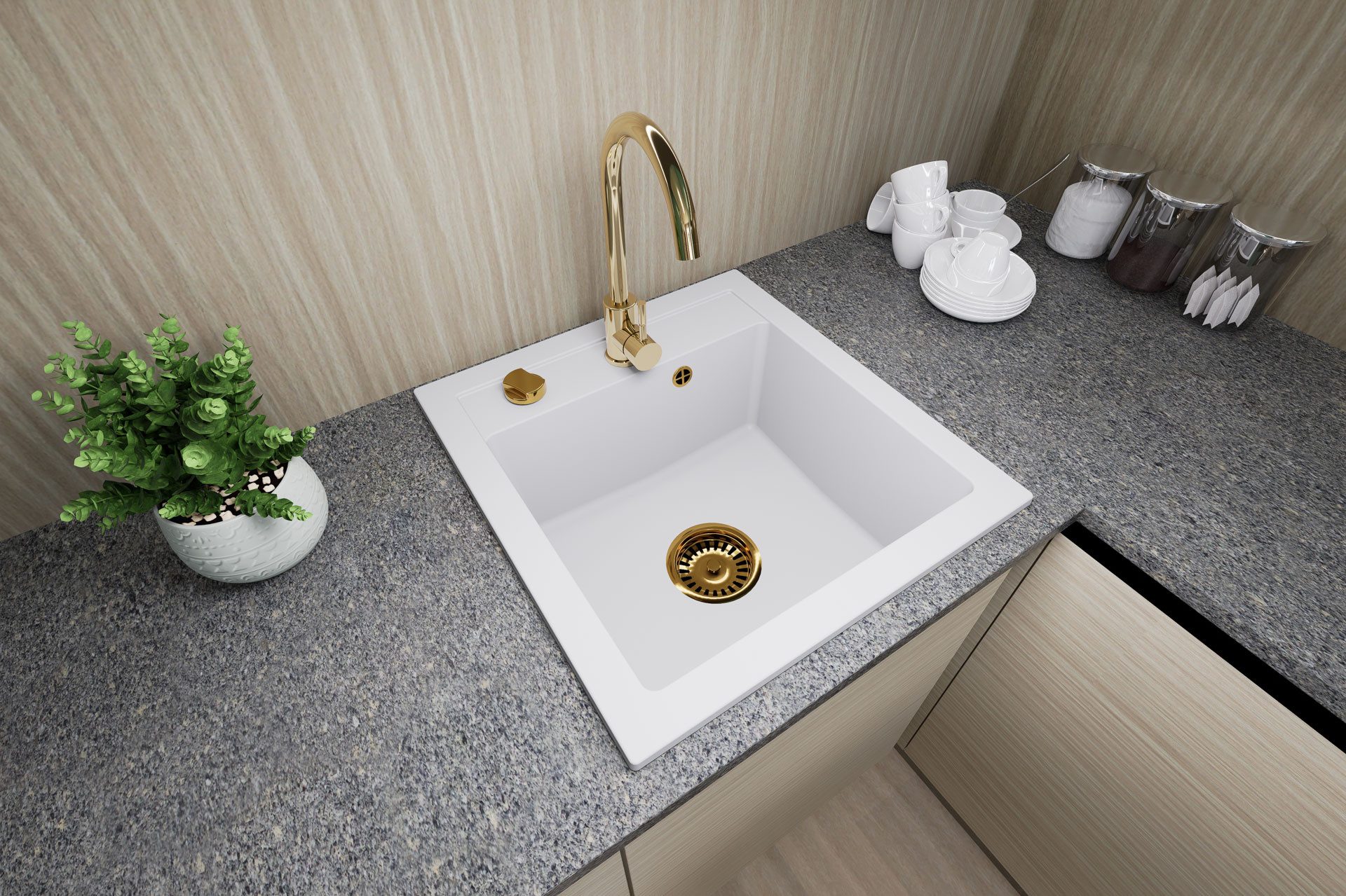 Faizee Möbel Granitspüle Granitspüle 49x52 +Armatur Gold Küchenspüle Spülbecken inkl. Siphon, eckig, 49/52 cm