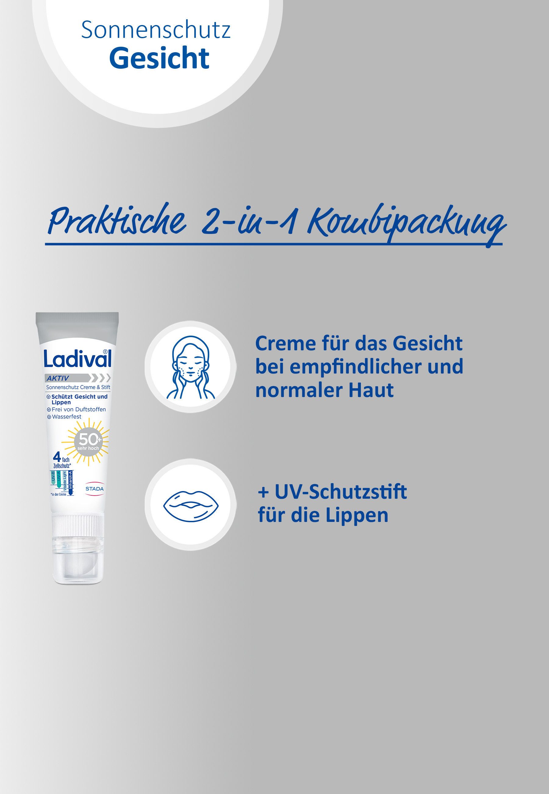 Ladival Sonnenschutzcreme Aktiv Sonnenschutz Creme & Stift, 2-tlg., Sonnencreme, 2-in-1 Sonnenschutz für Gesicht & Lippen mit LSF 50+