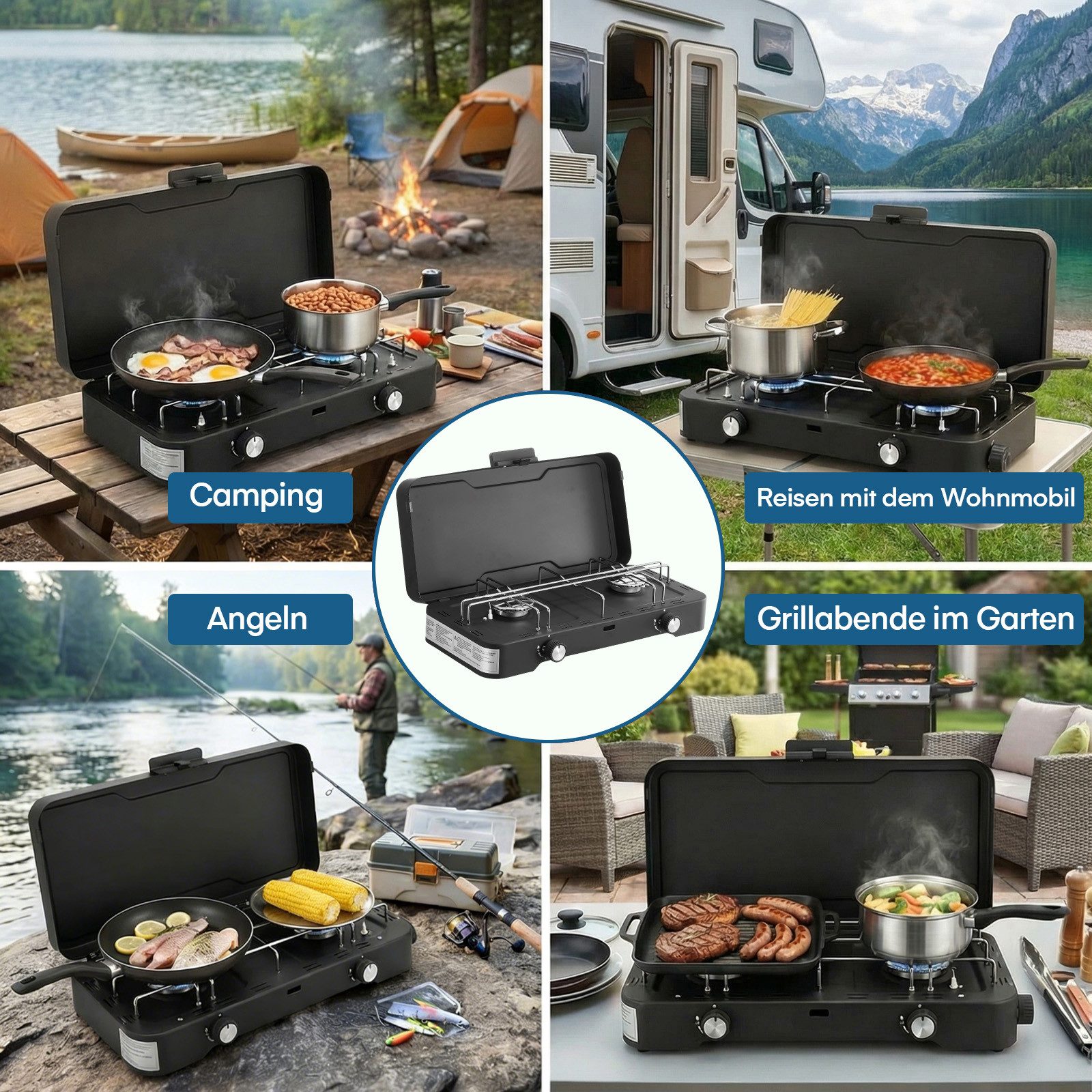 FOHERE Gaskocher Campingkocher, 2-flammiger Propangaskocher, tragbarer Tischkocher, (1-St)