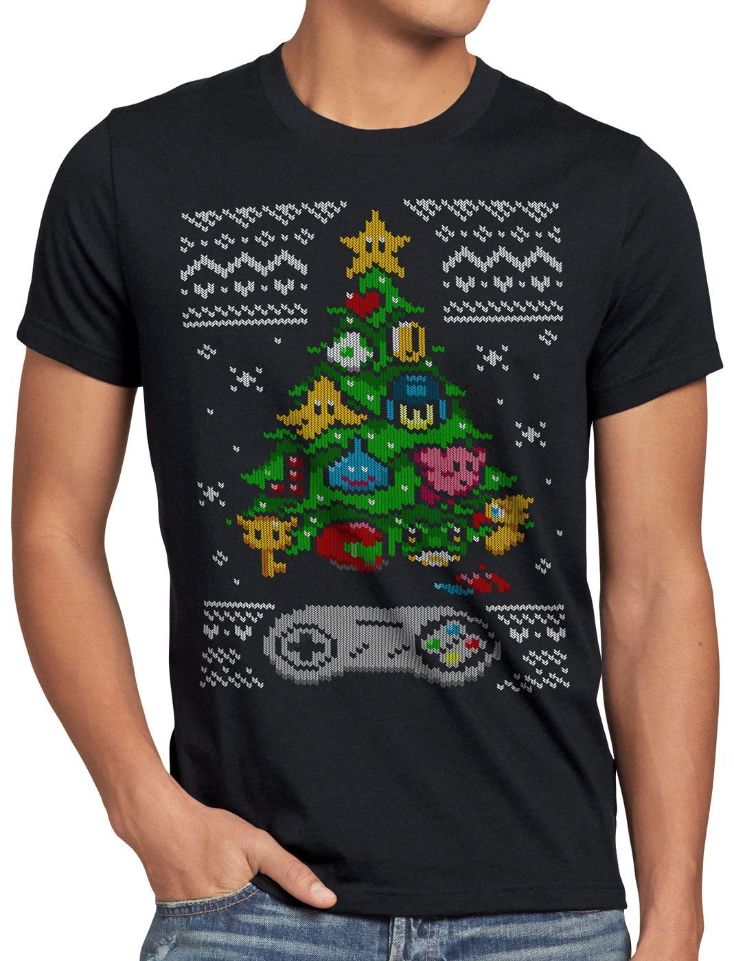 Herren T-Shirt weihnachtsbaum Ugly x-mas Print-Shirt Sweater 16-Bit style3 pulli