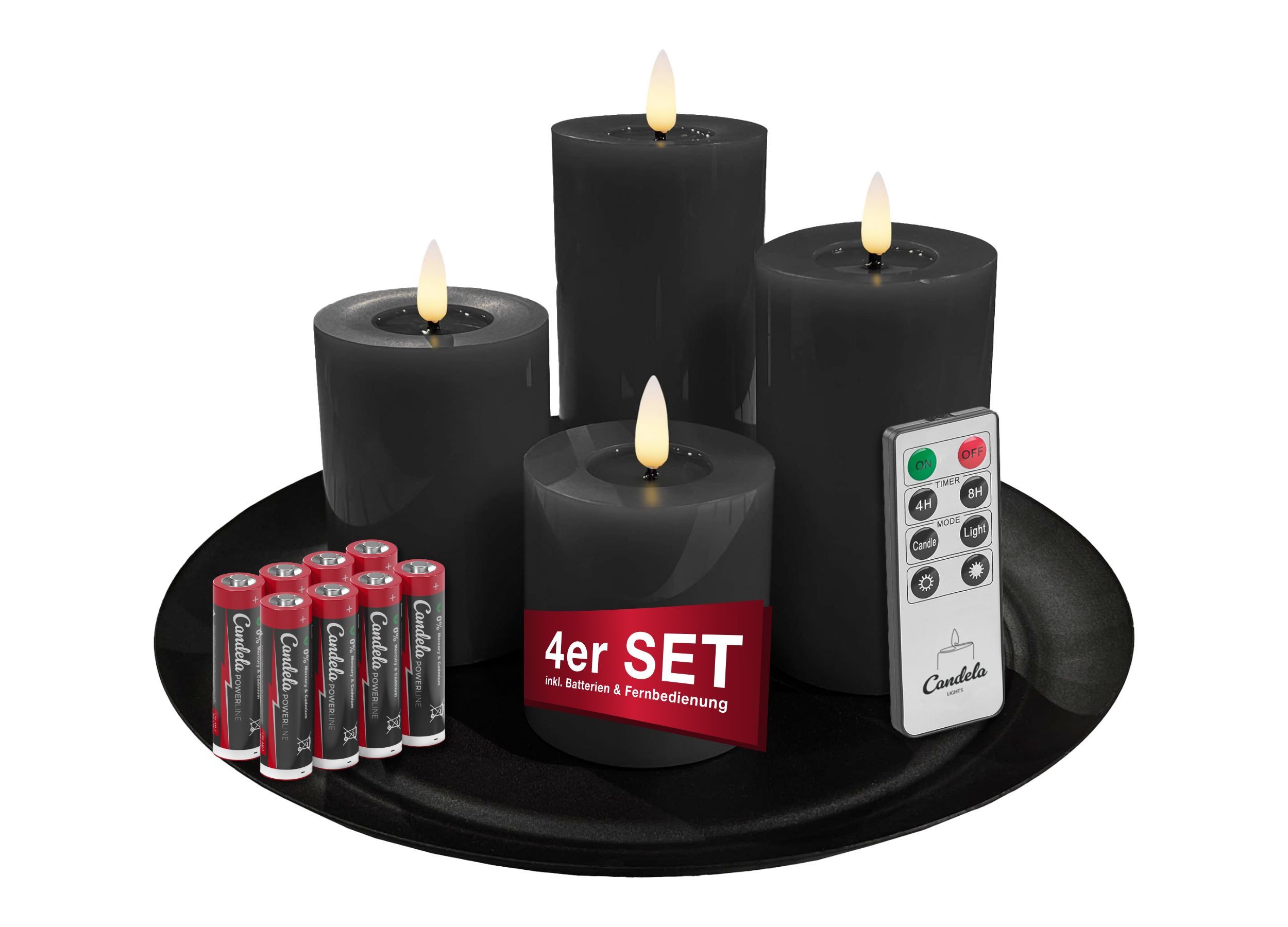 LC Home LED-Kerze Candela Lights LED Kerzen 4er Set Stumpenkerze inkl. Kerzenteller